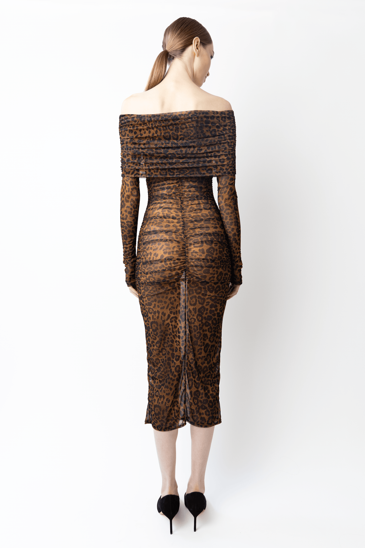 Printed Mesh Off Shoulder Midi Dress - LAPOINTE