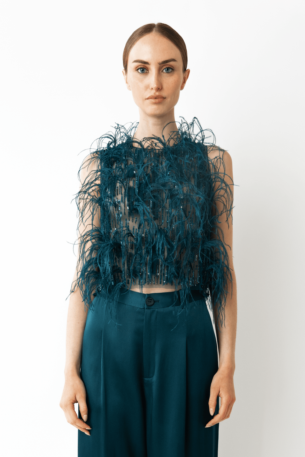 Cascading Feather Embellished Cropped Tank in Dark teal Blue