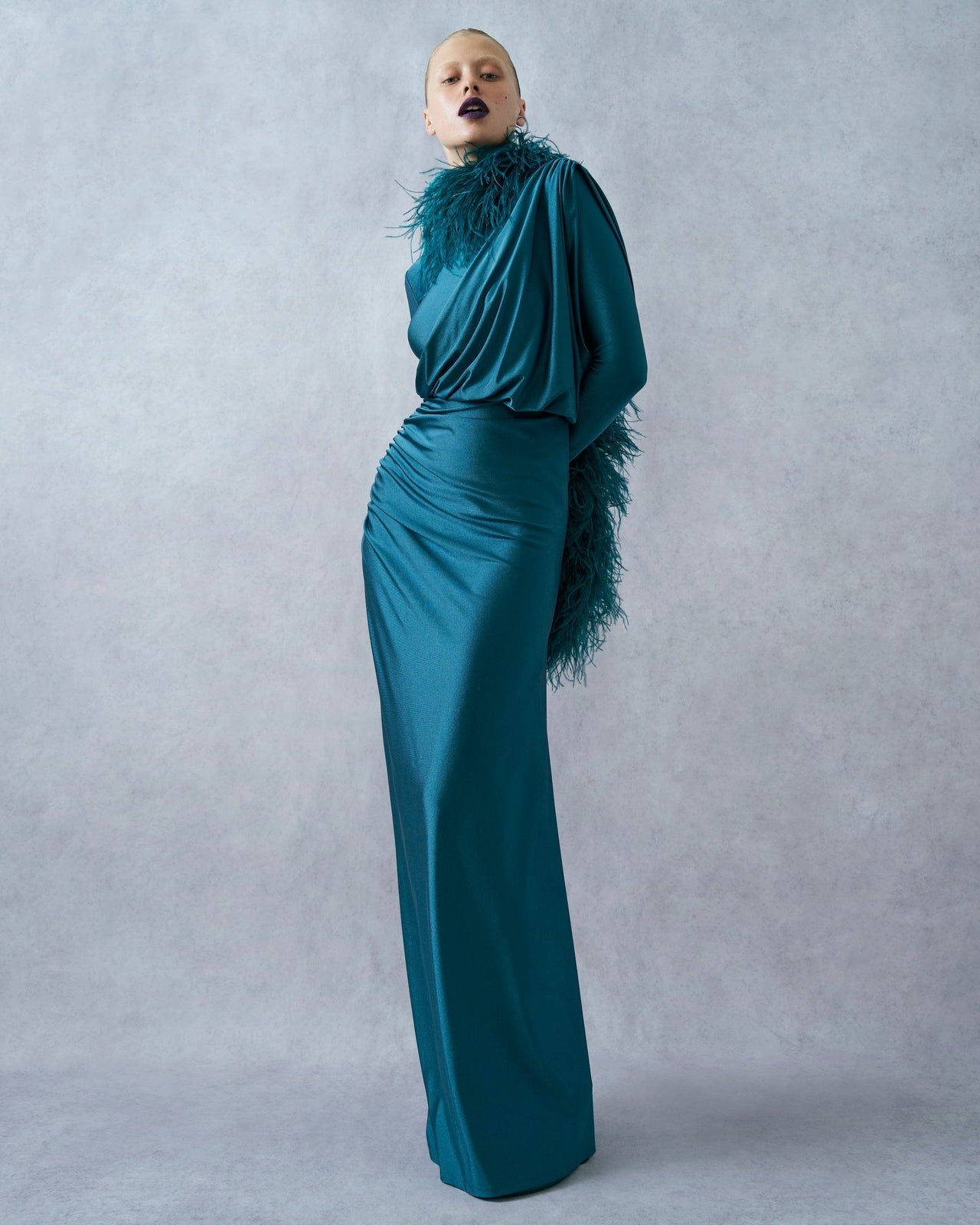 Shine Jersey Asymmetrical Ruched Draped Gown - LAPOINTE