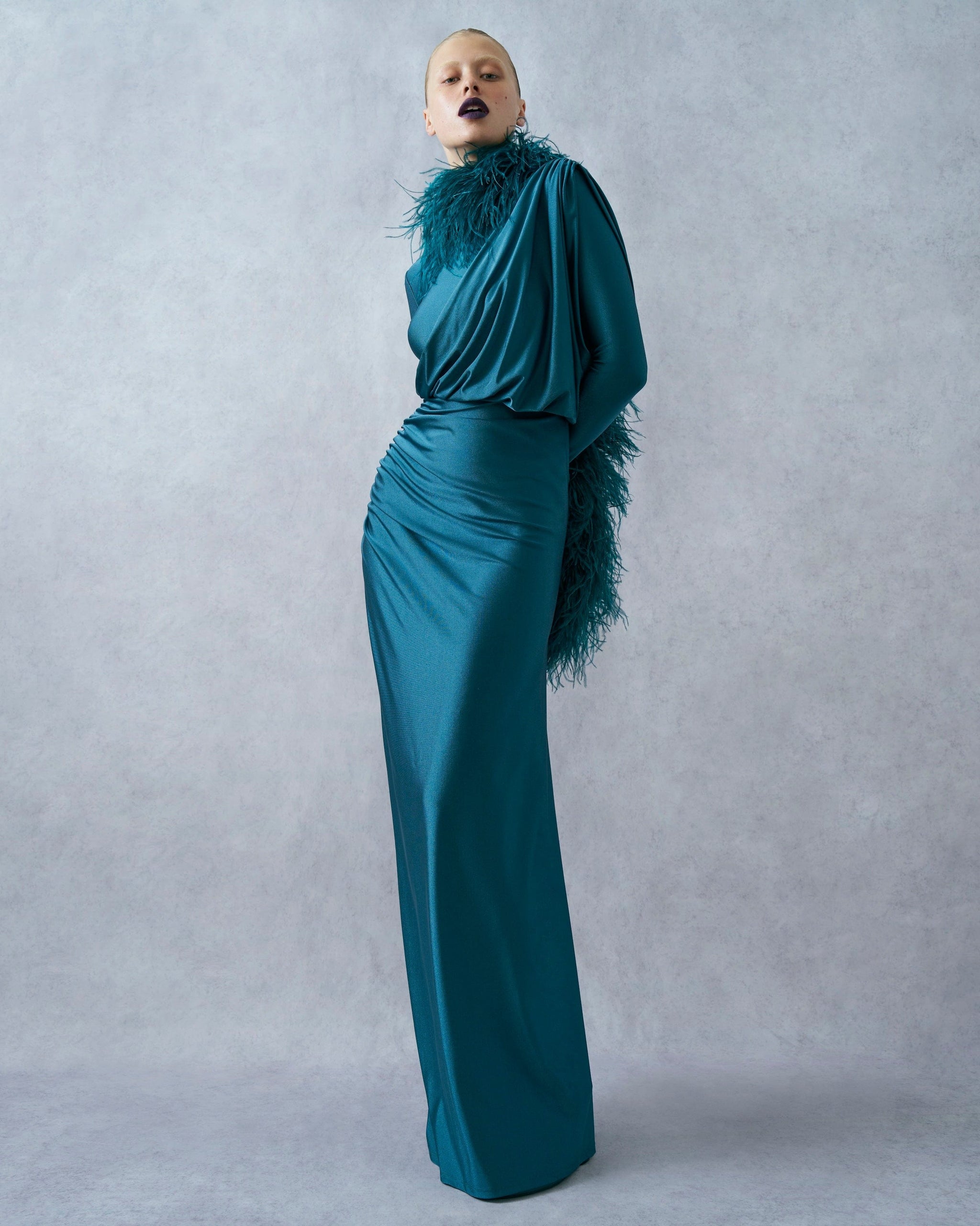 Shine Jersey Asymmetrical Ruched Draped Gown - LAPOINTE