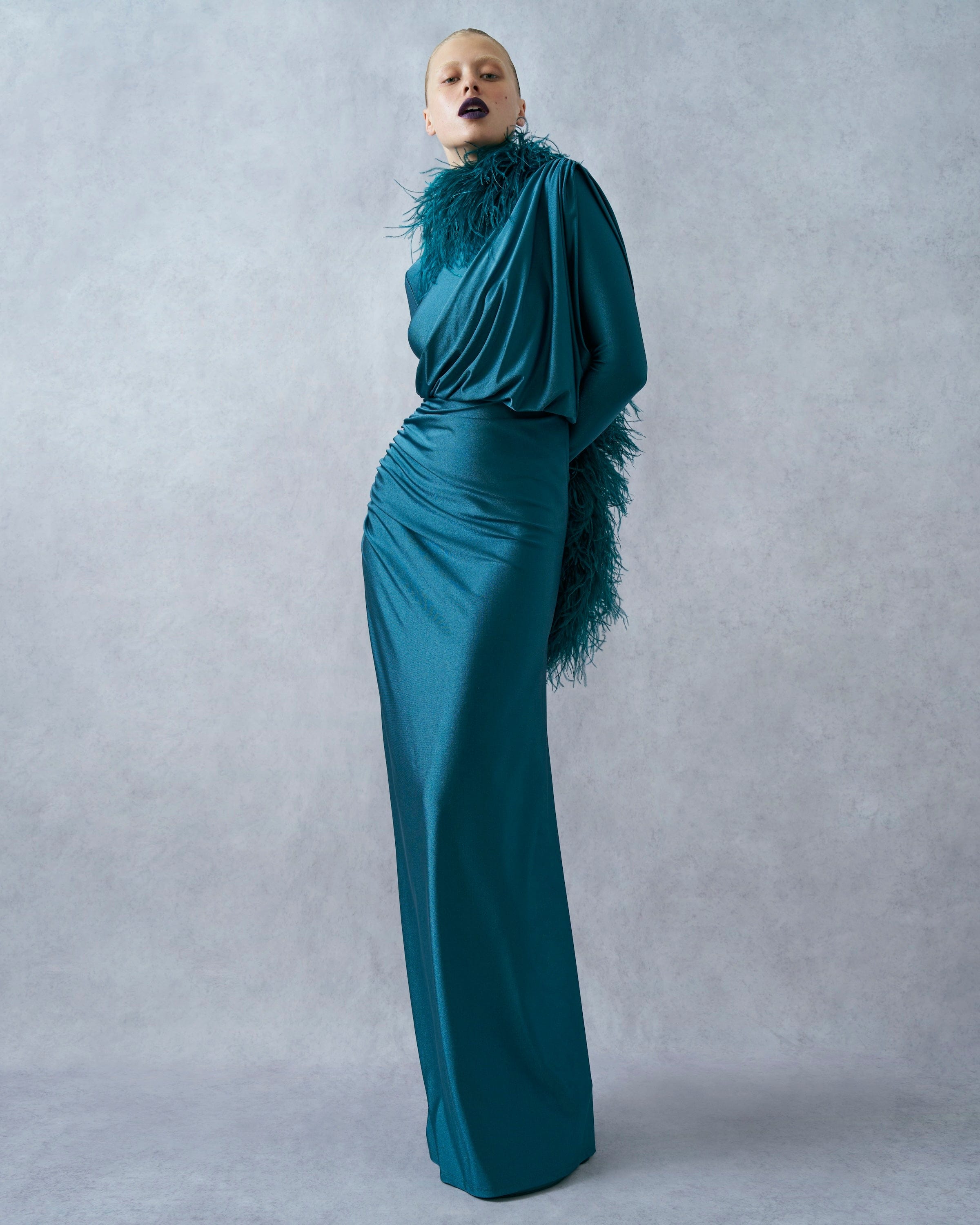 Shine Jersey Asymmetrical Ruched Draped Gown - LAPOINTE