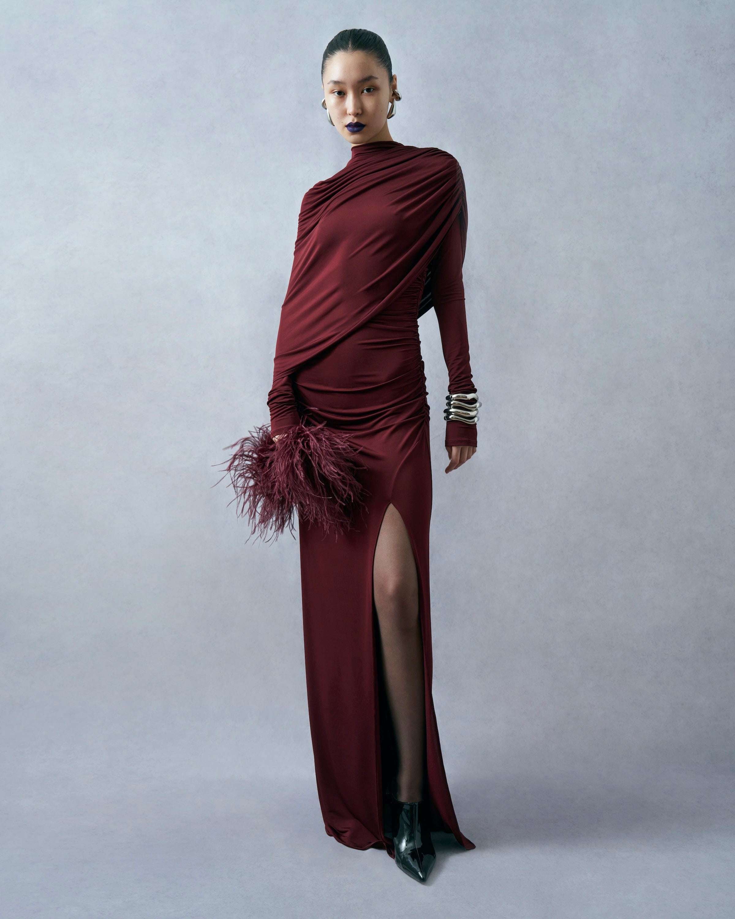 Jersey Asymmetrical Shawl Draped Gown in Crimson Red | LAPOINTE Jersey Asymmetrical Shawl Draped Gown in Crimson Red | LAPOINTE