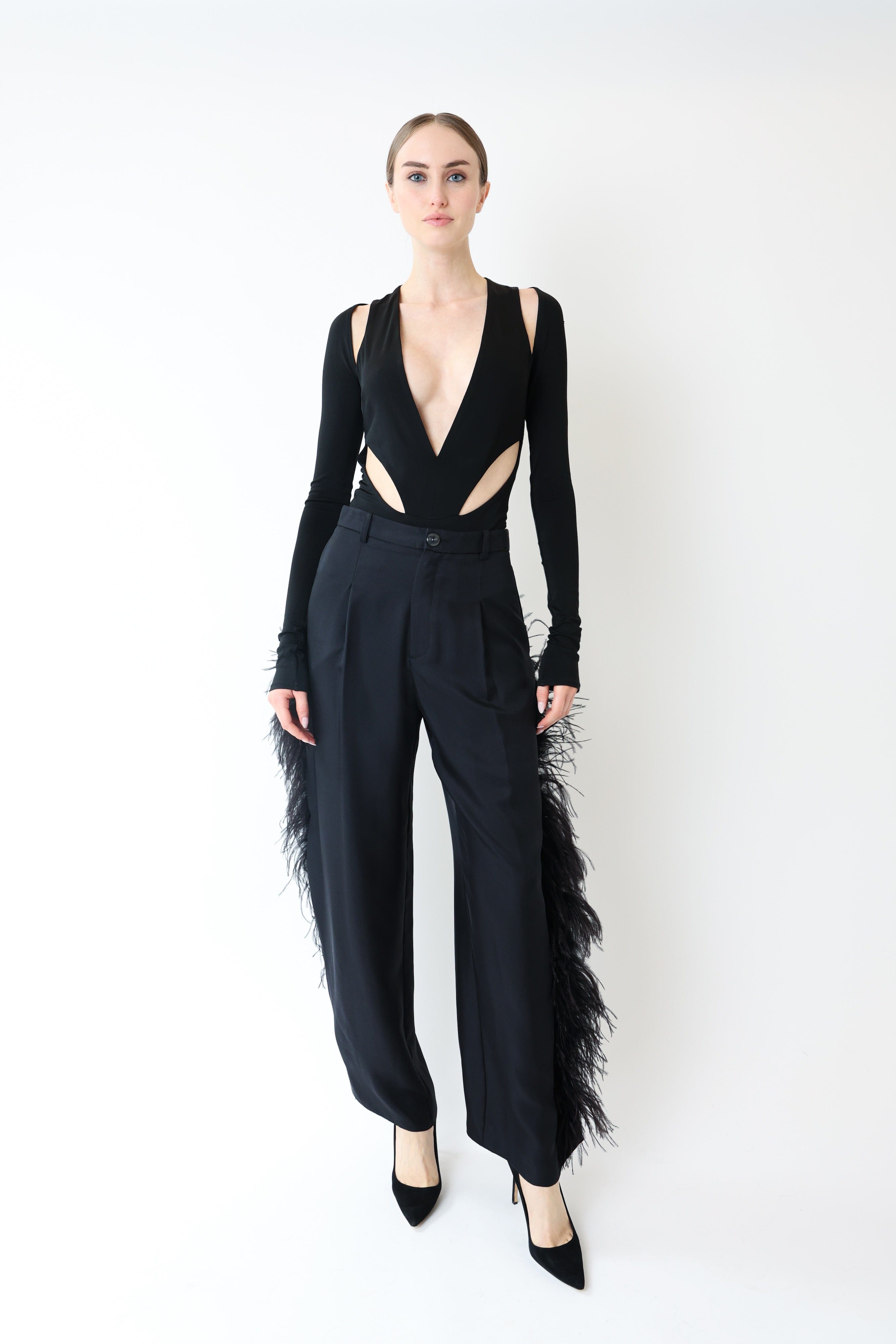 Silky Twill Relaxed Pleated Pant With Feathers - LAPOINTE