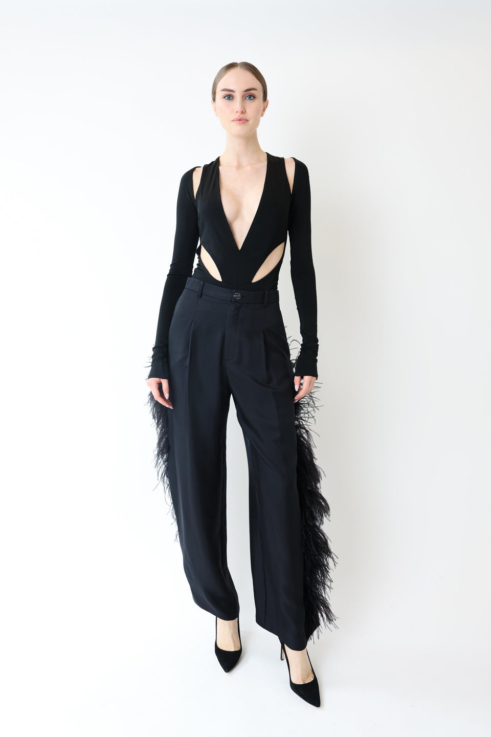 Silky Twill Relaxed Pleated Pant With Feathers - LAPOINTE