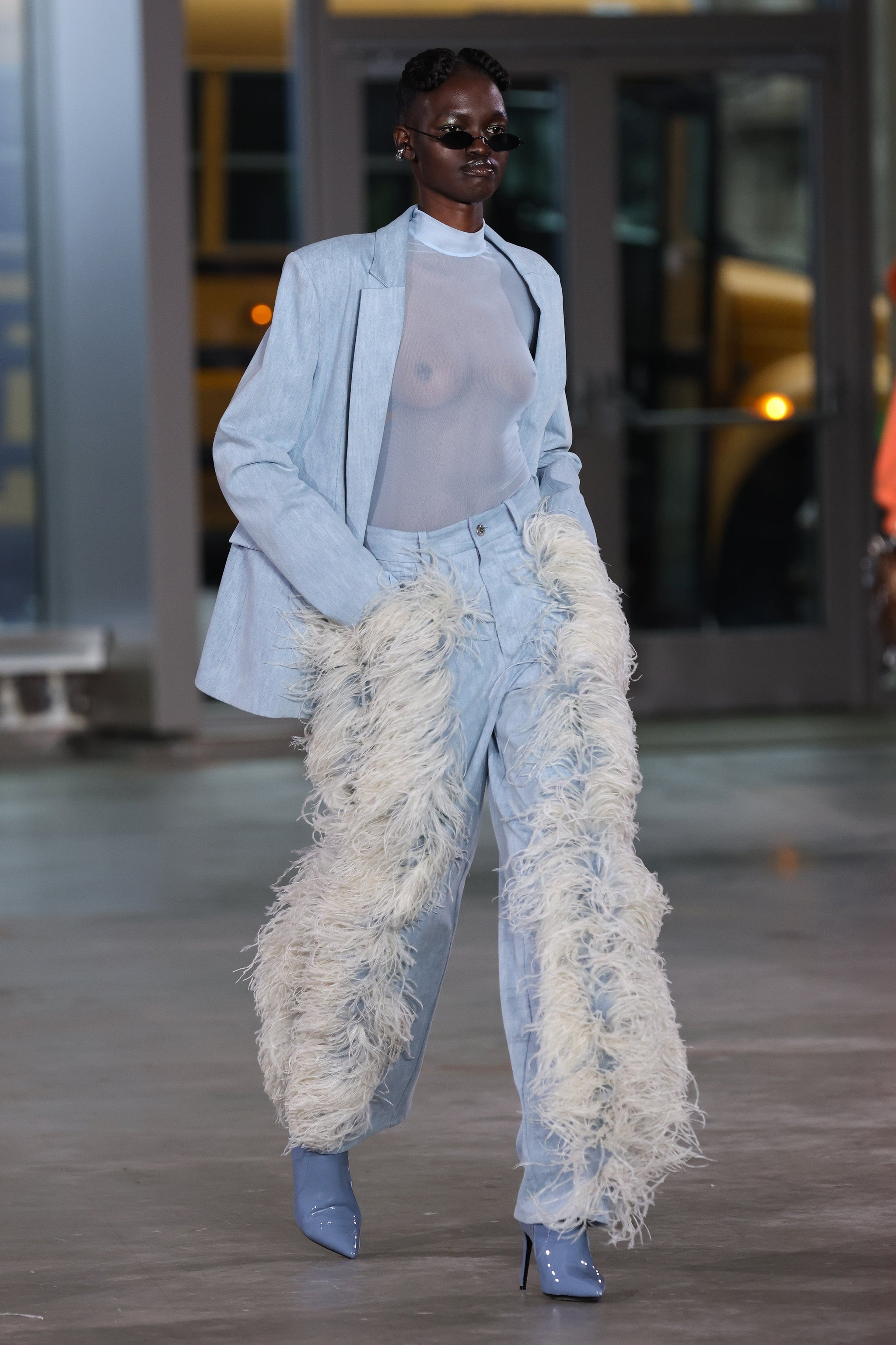 Washed Denim Straight Leg Pant With Feathers