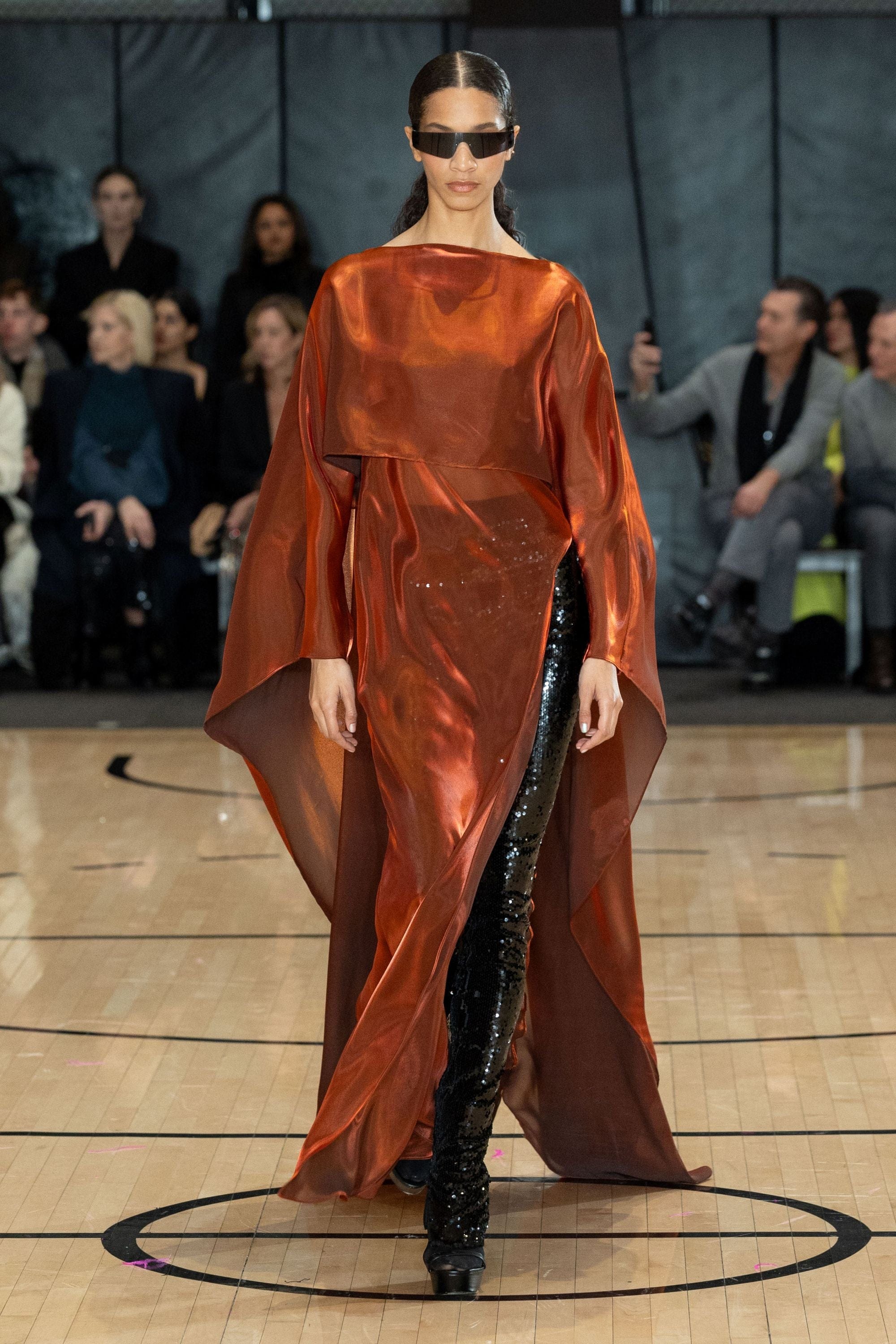 Metallic Organza Layered Gown With Cape in Rust Orange | LAPOINTE