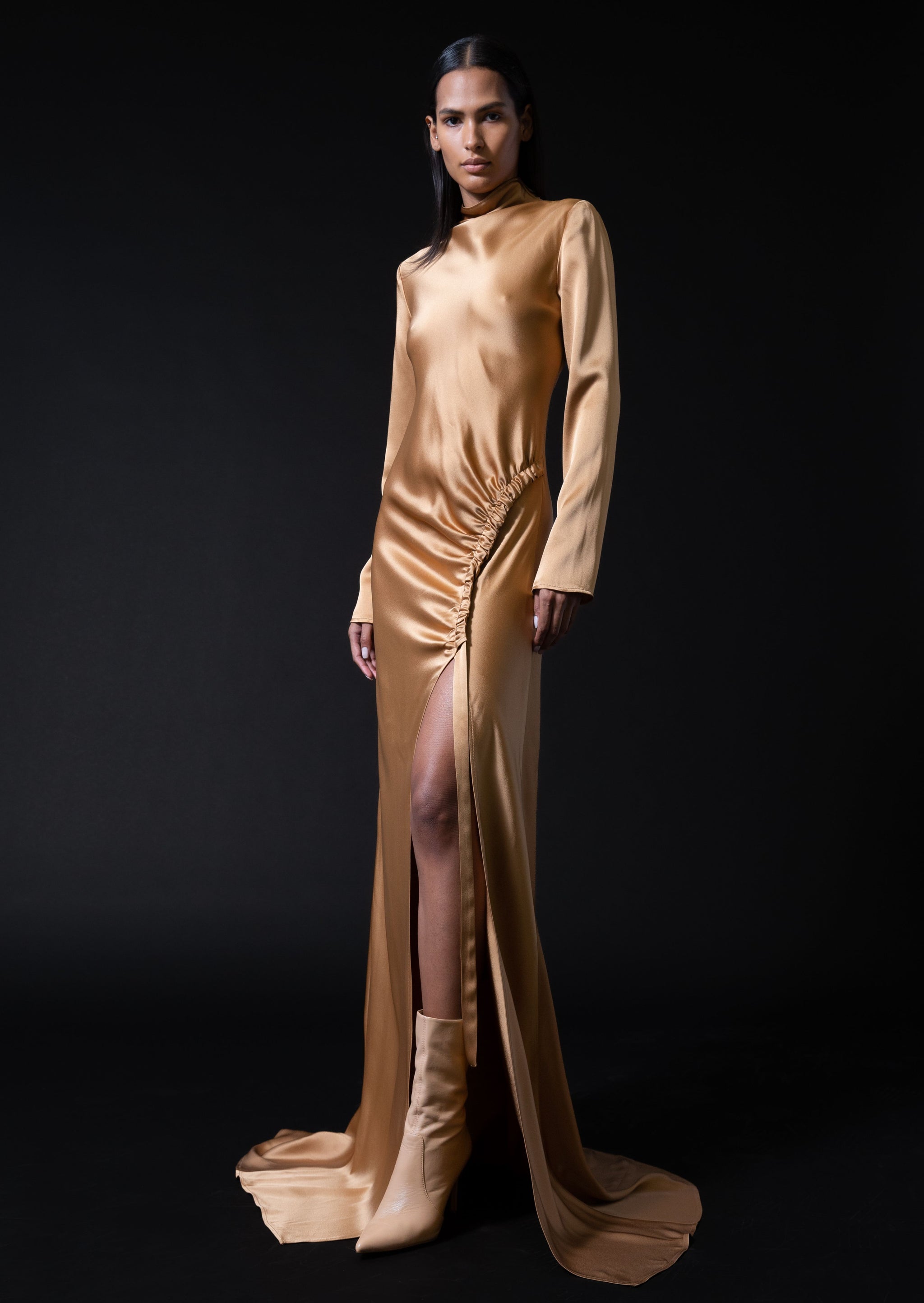Satin Bias Tab Gown With Slit