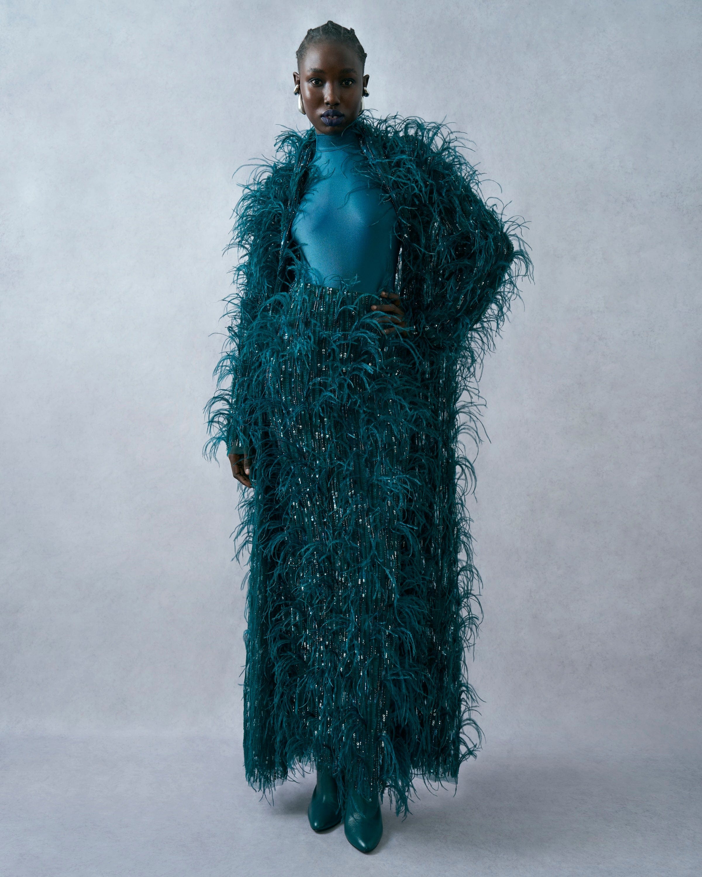 Cascading Feather Embellished Coat in Dark teal Blue | LAPOINTE