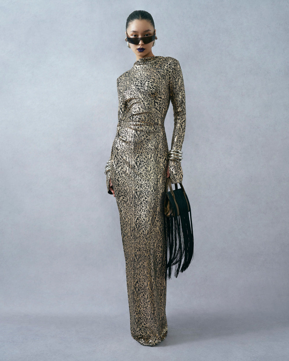 Lapointe Metallic Snake Jersey Long Sleeve Ruched Gown