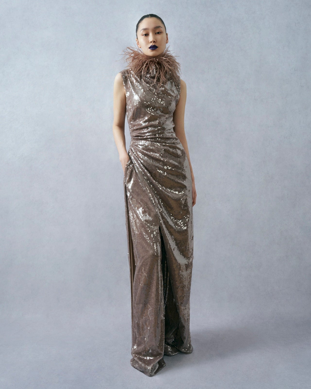 Sheer Sequin Ruched Gown With Slit