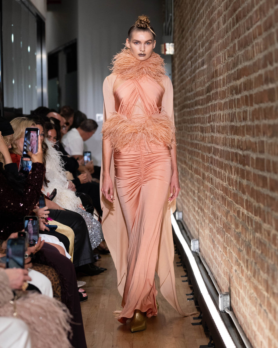 Jersey Sleeveless Halter Ruched Gown With Feathers