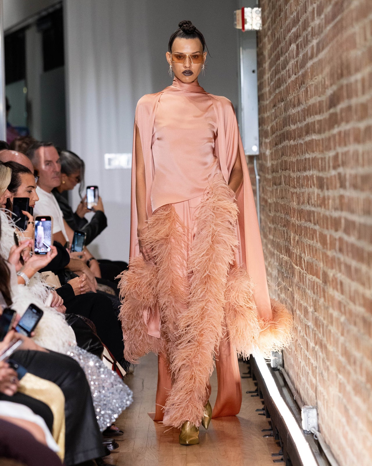 Satin Cape Sleeve Top With Feathers - LAPOINTE