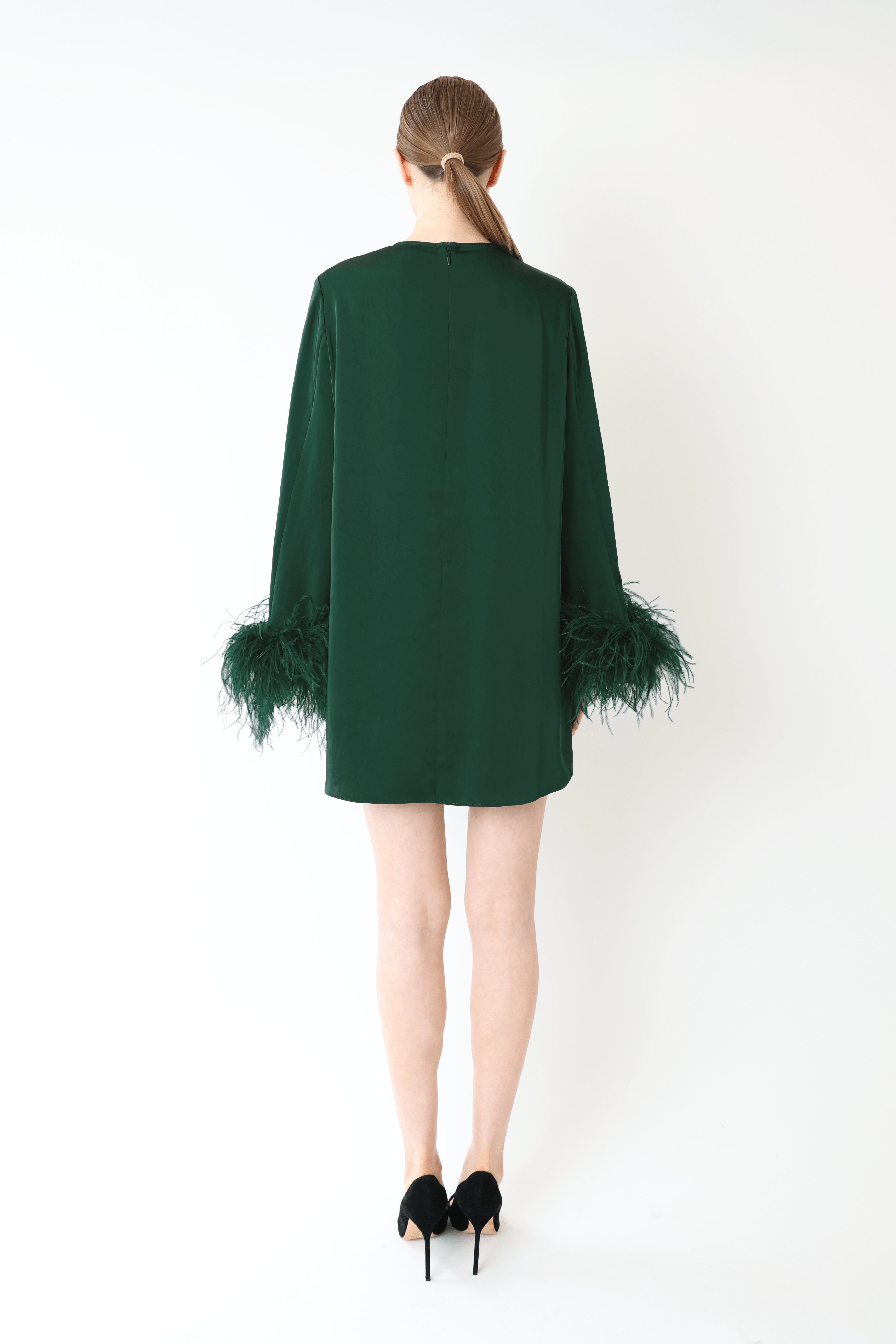 LAPOINTE Lightweight Satin Dress With Feathers | Emerald / L LAPOINTE Lightweight Satin Dress With Feathers | Emerald / L