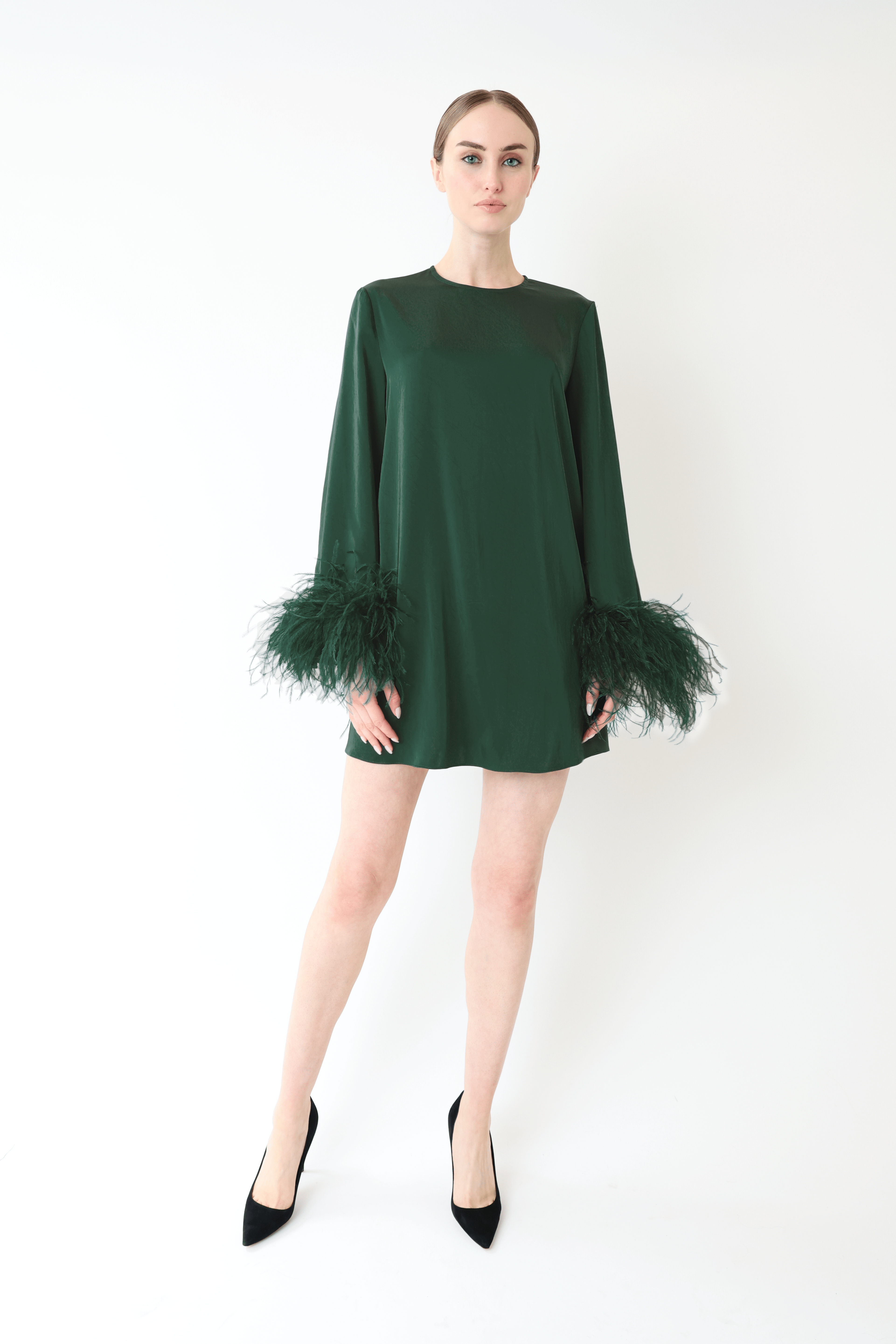 LAPOINTE Lightweight Satin Dress With Feathers | Emerald / L LAPOINTE Lightweight Satin Dress With Feathers | Emerald / L