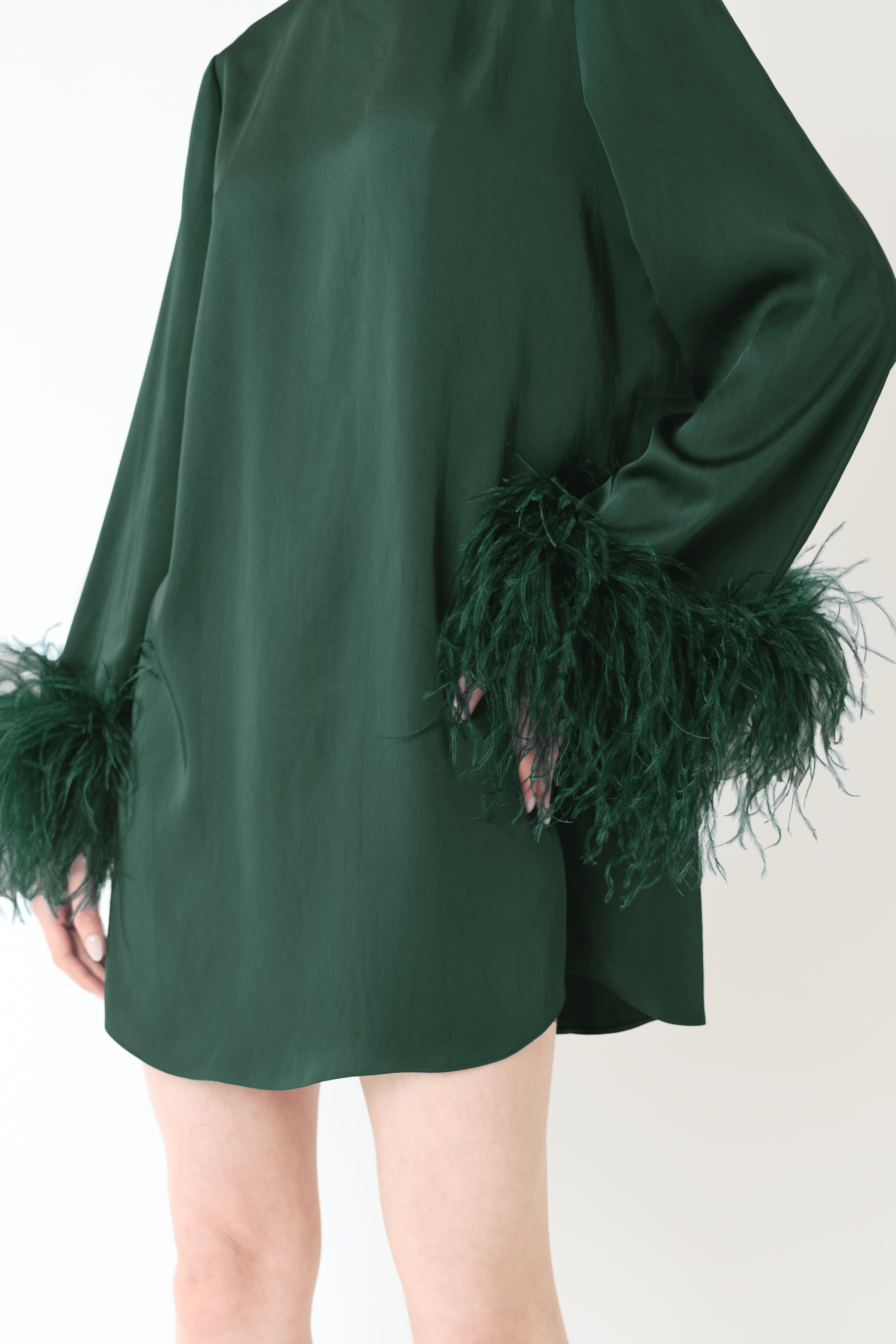 LAPOINTE Lightweight Satin Dress With Feathers | Emerald / L LAPOINTE Lightweight Satin Dress With Feathers | Emerald / L