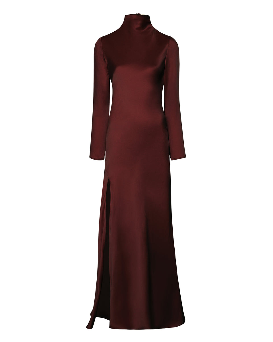 Satin Draped Neck Bias Dress With Slit - LAPOINTE