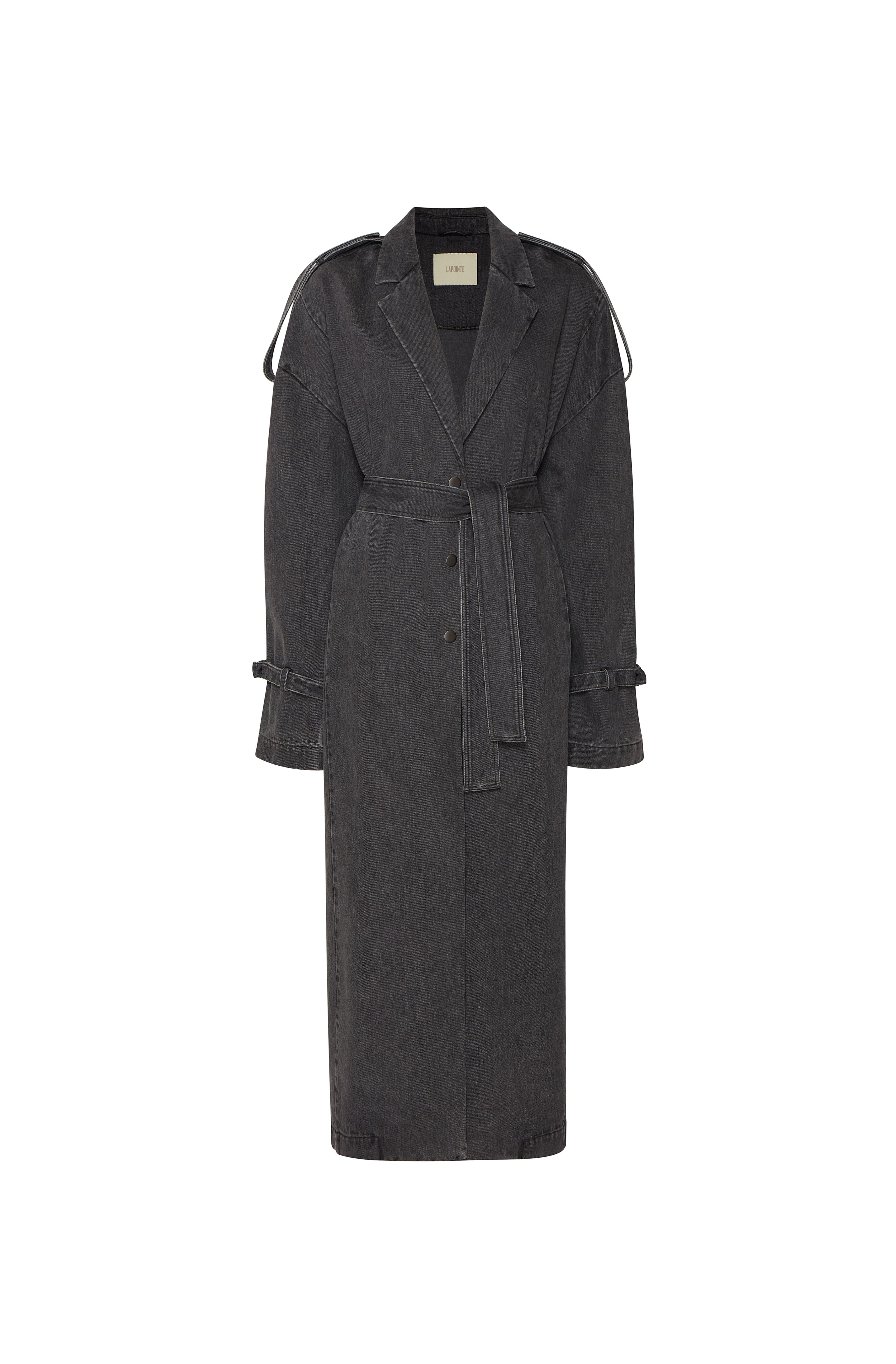 Washed Denim Relaxed Trench With Shearling