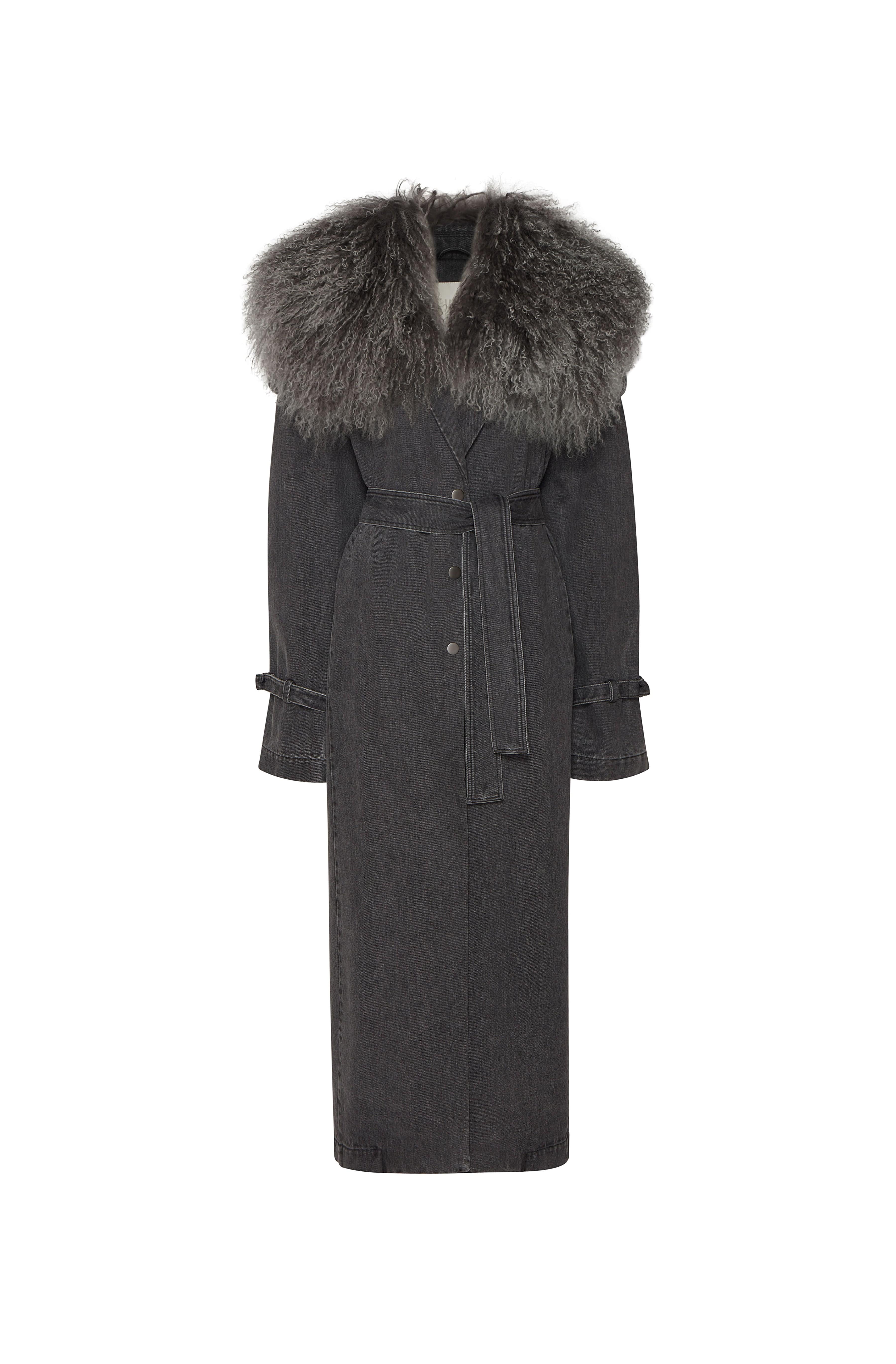 Washed Denim Relaxed Trench With Shearling