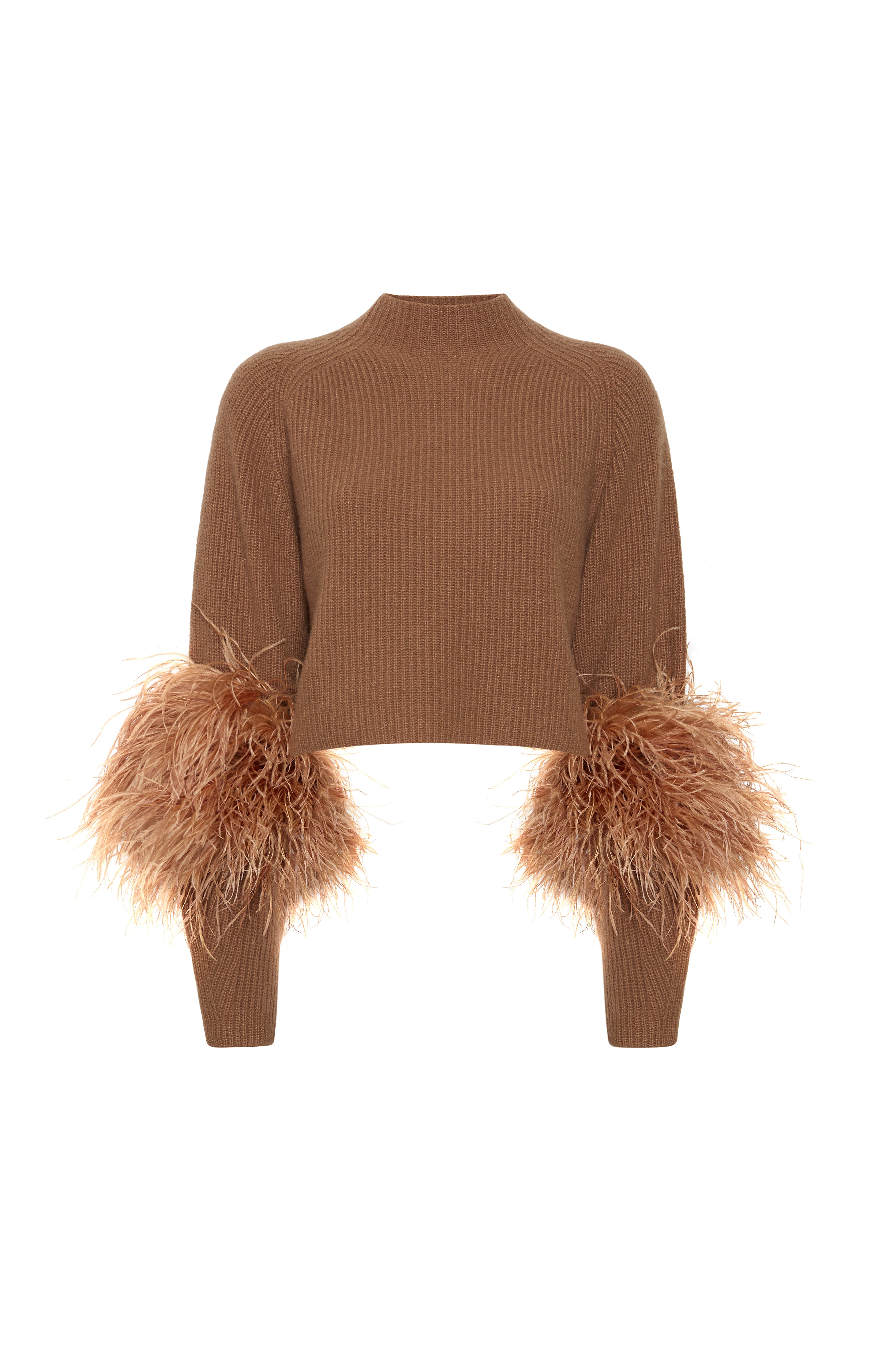 Cashmere Silk Cropped Raglan Sweater With Feathers in Camel Brown
