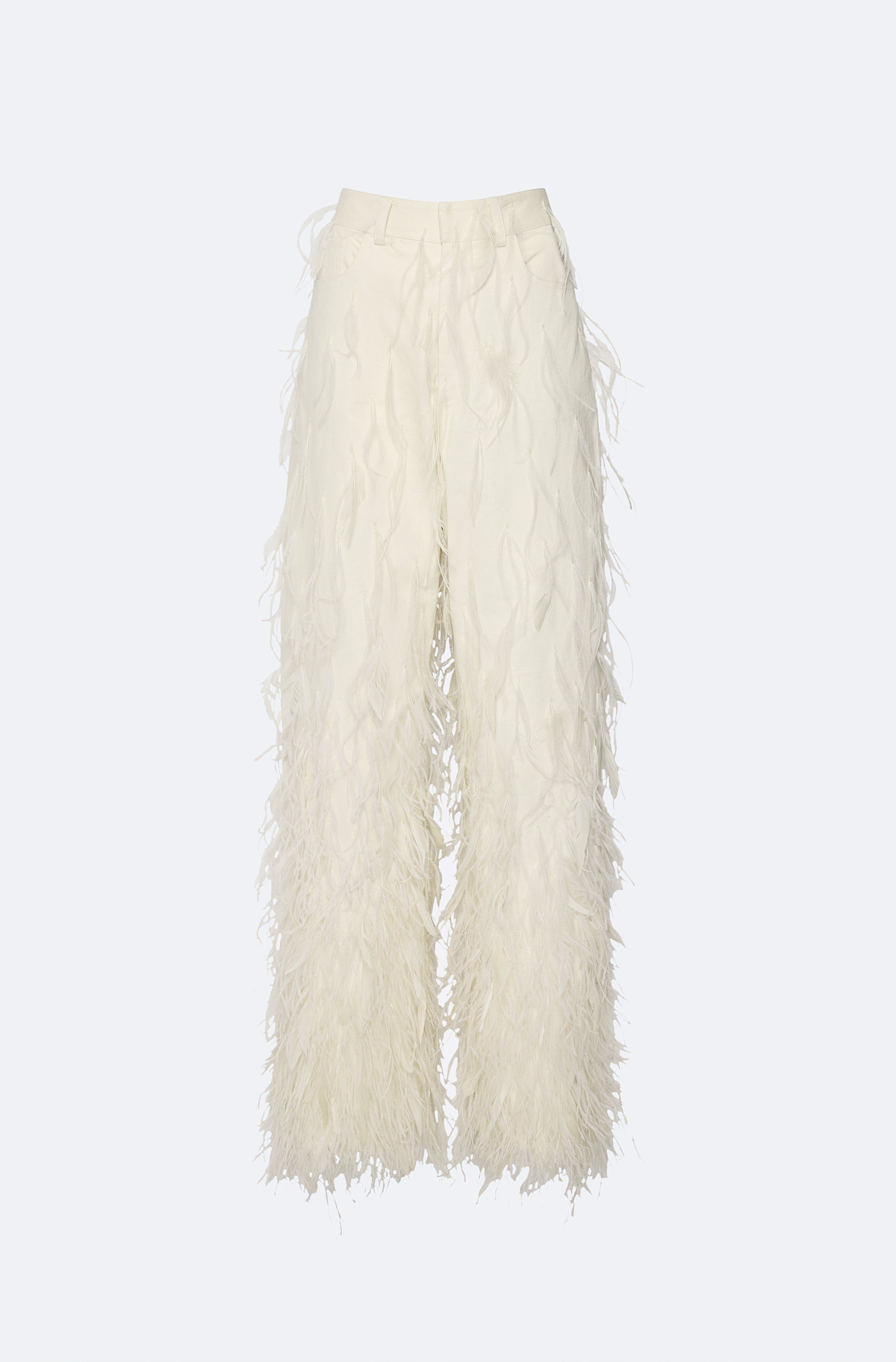 Stretch Cotton Twill Slouchy Pant With Feathers in Cream Cream