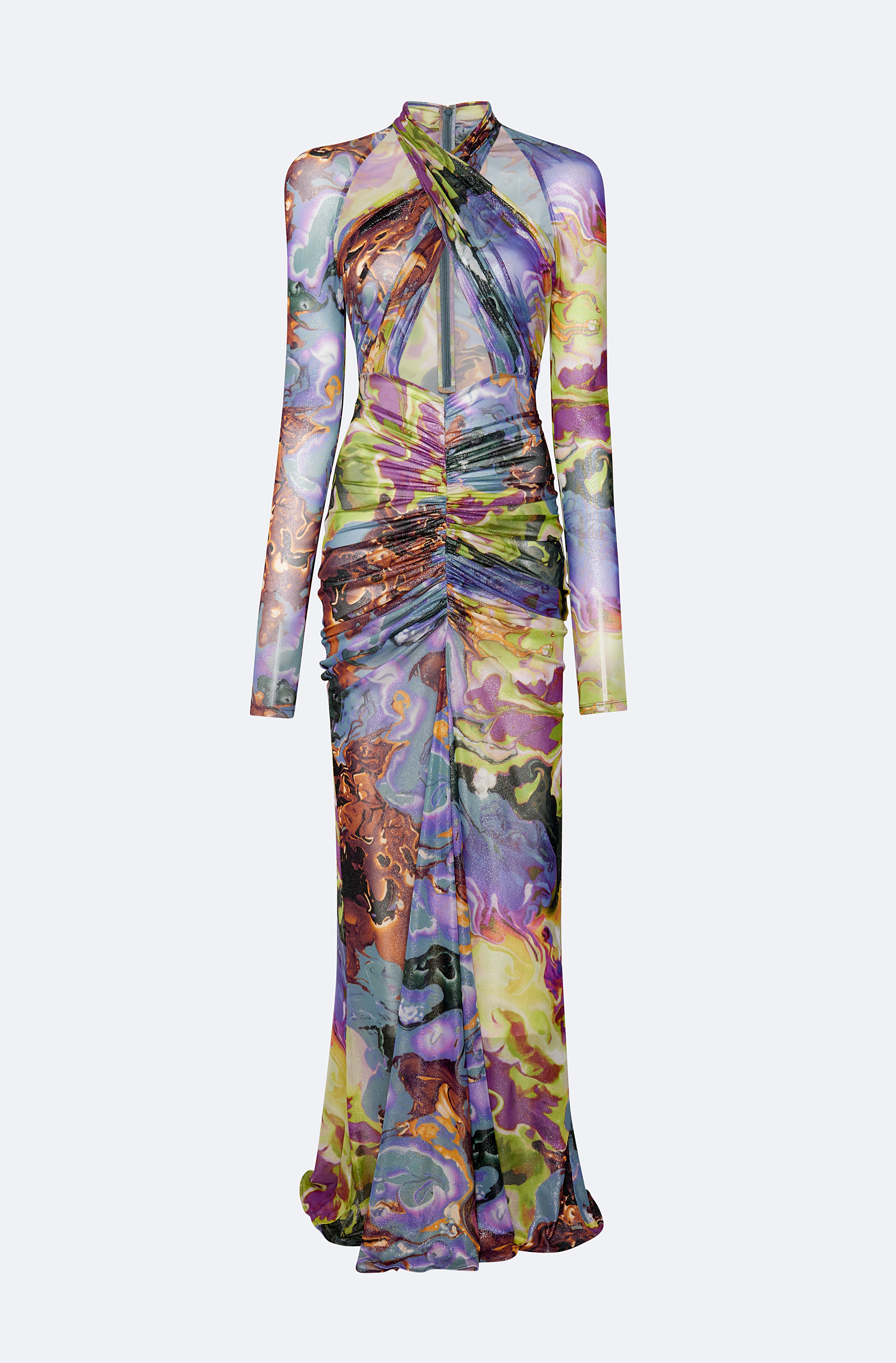 Printed Mesh Halter Ruched Gown - LAPOINTE