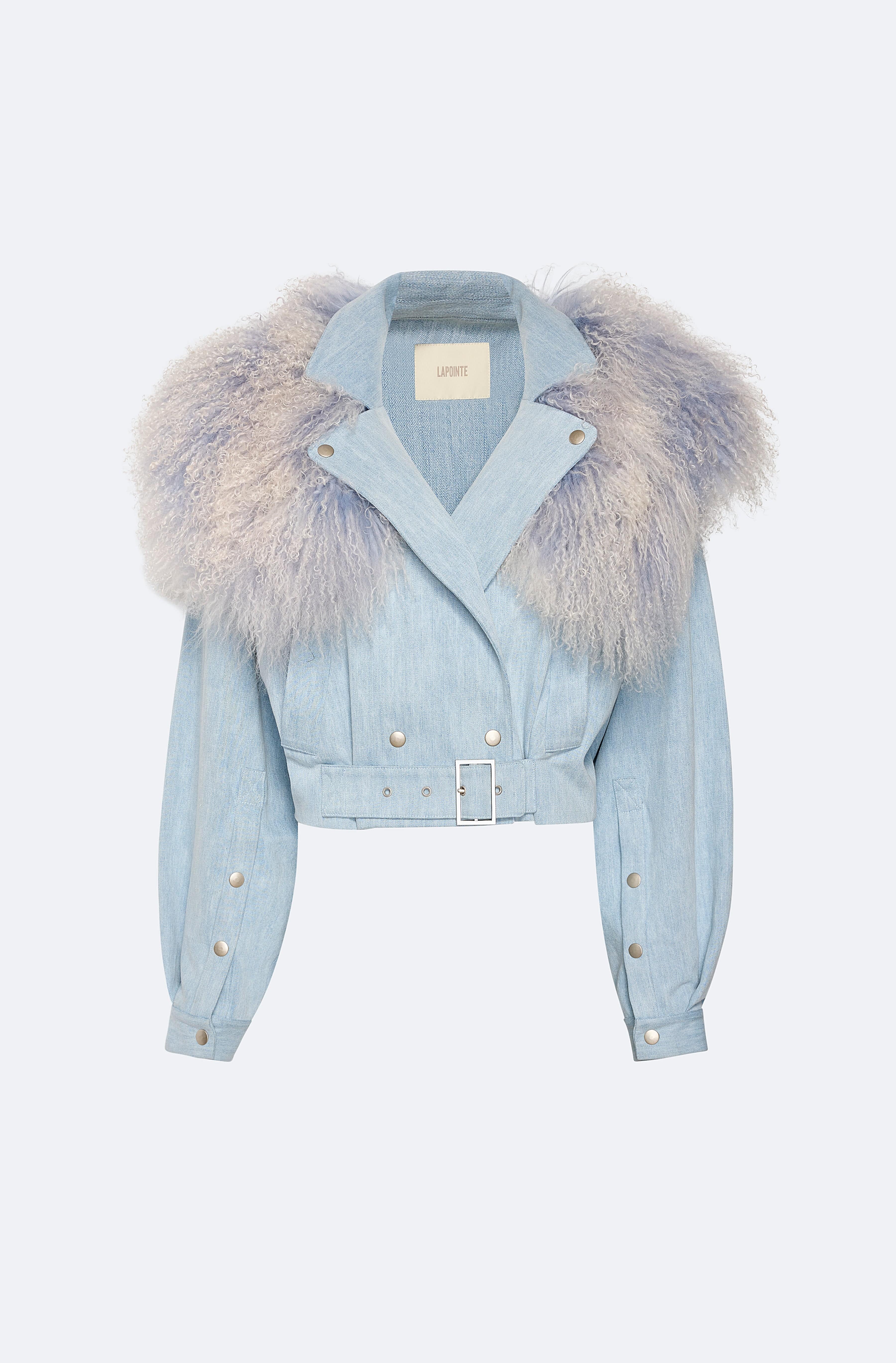 Washed Denim Biker Jacket With Shearling Collar