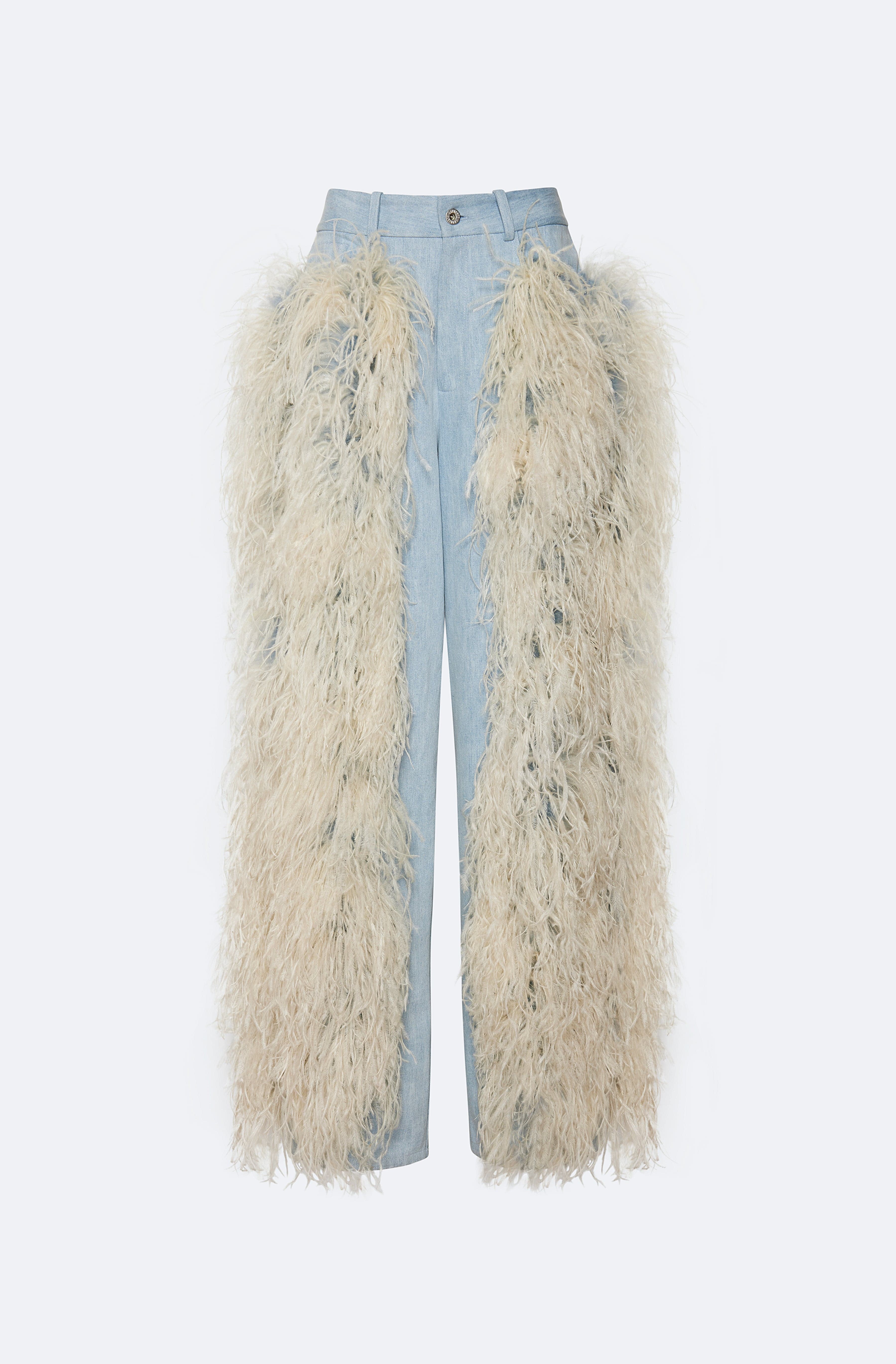 Washed Denim Straight Leg Pant With Feathers in Light indigo Blue