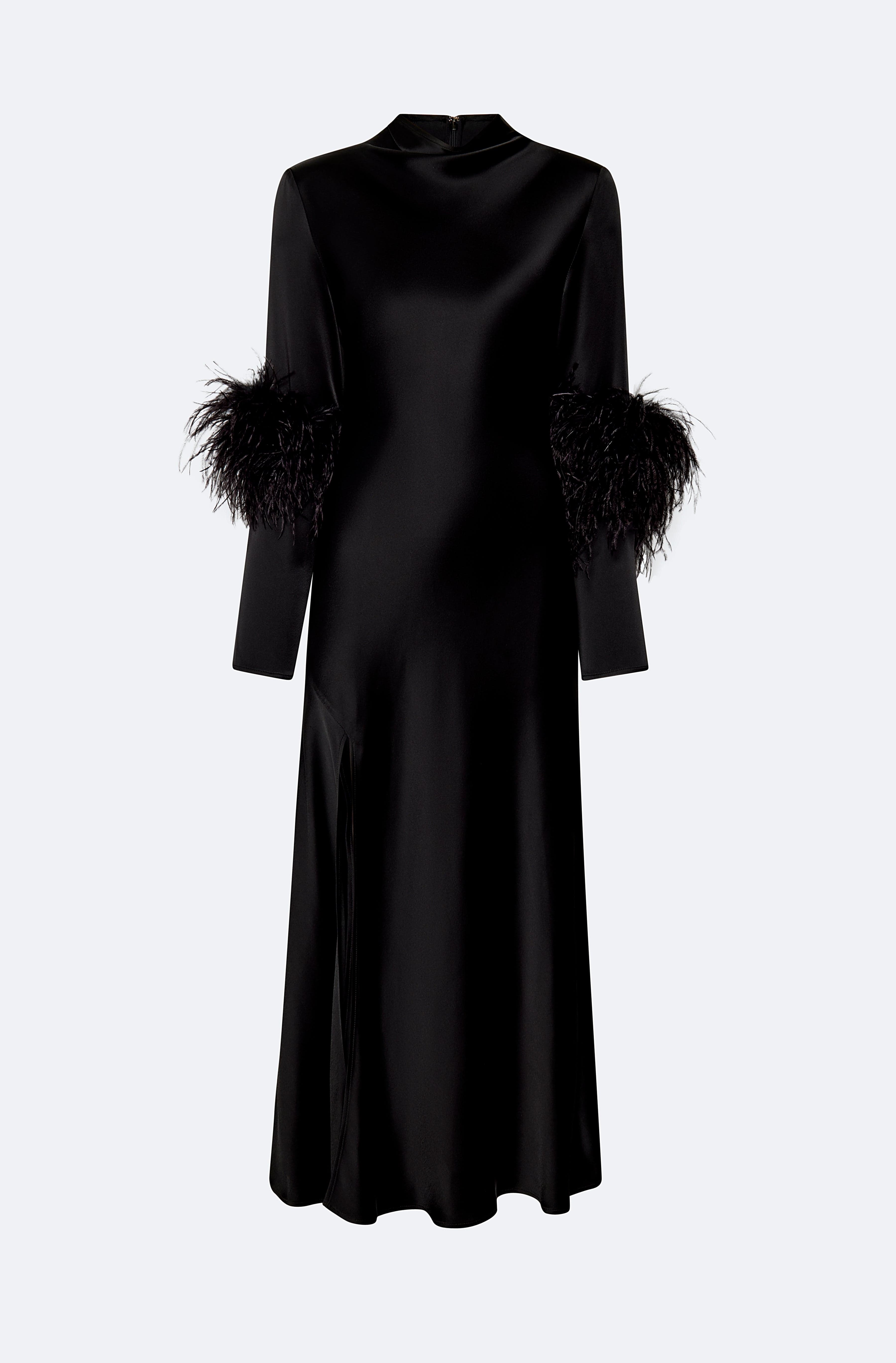 Satin Draped Neck Bias Dress With Feathers in Black Black | LAPOINTE