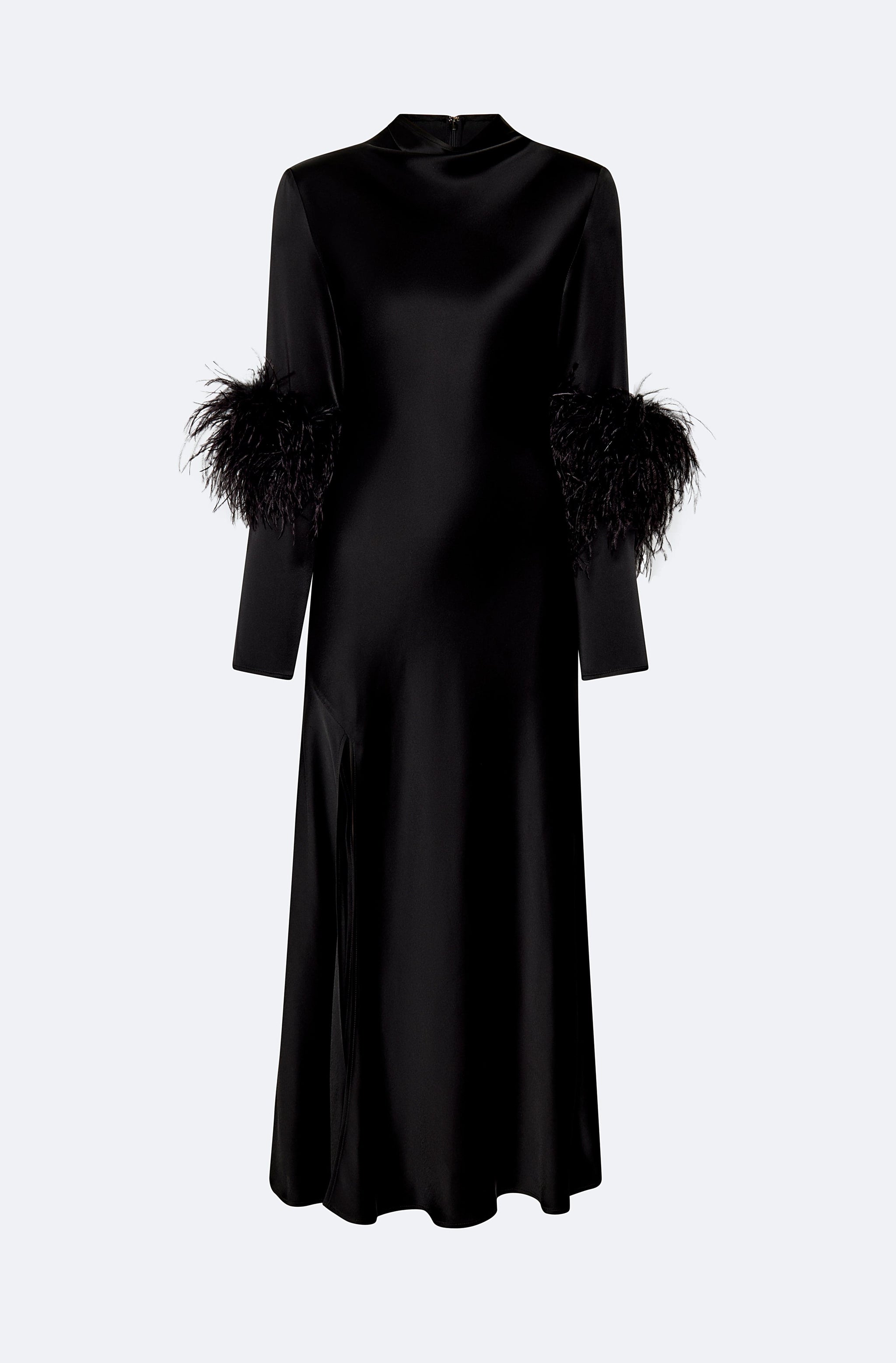 Satin Draped Neck Bias Dress With Feathers in Black Black | LAPOINTE Satin Draped Neck Bias Dress With Feathers in Black Black | LAPOINTE