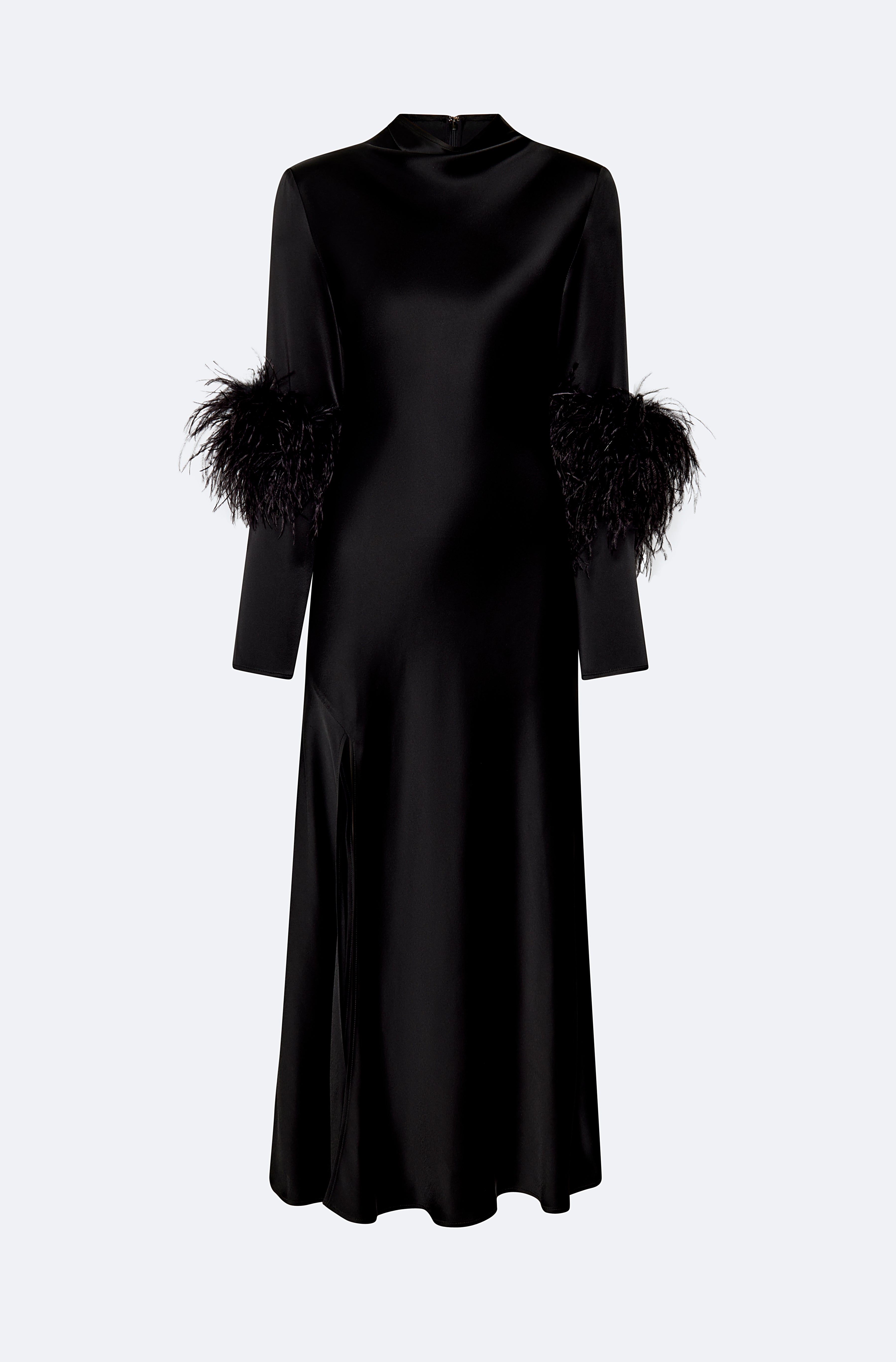 Satin Draped Neck Bias Dress With Feathers - LAPOINTE