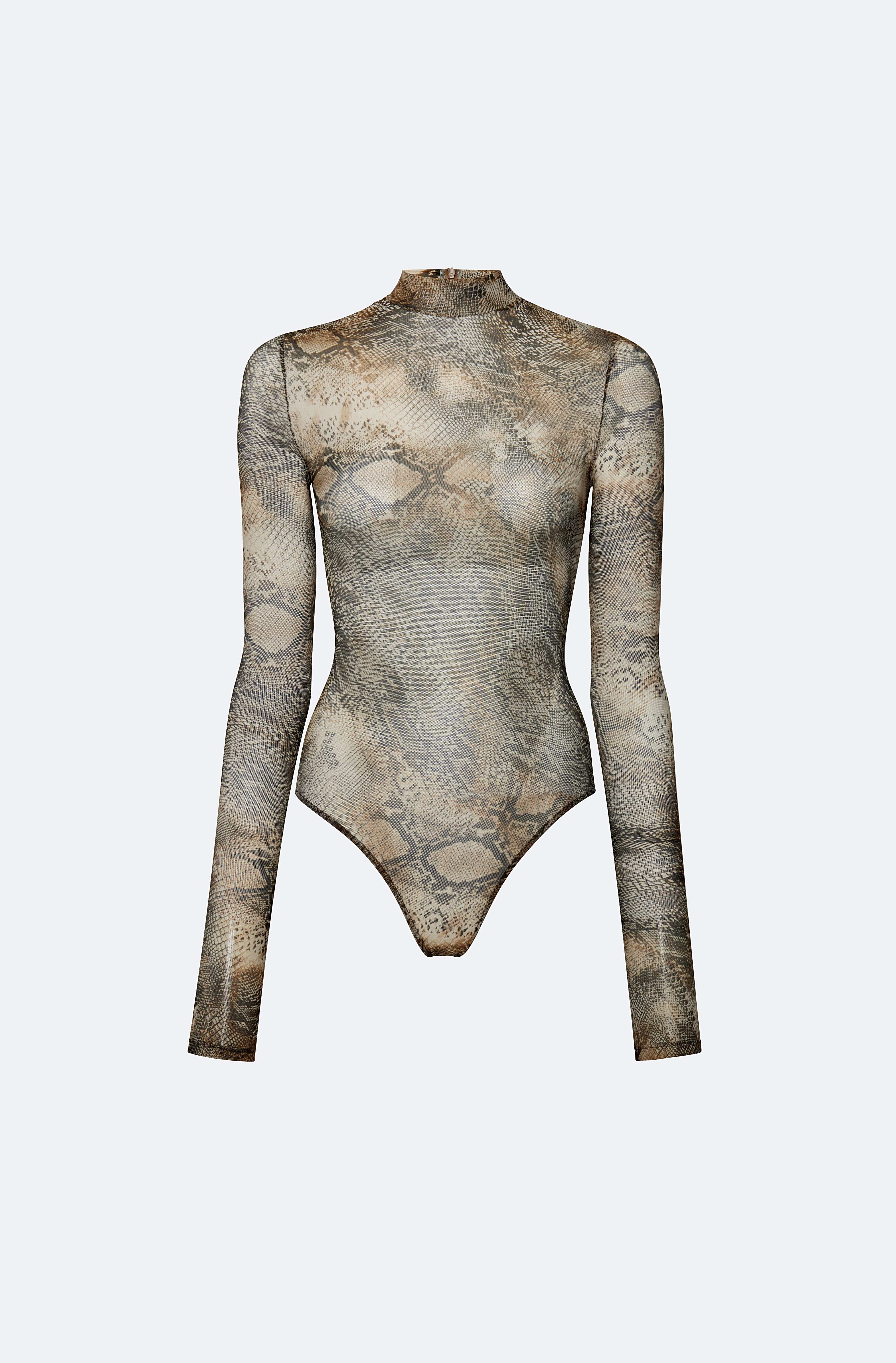 Printed Mesh Mock Neck Bodysuit