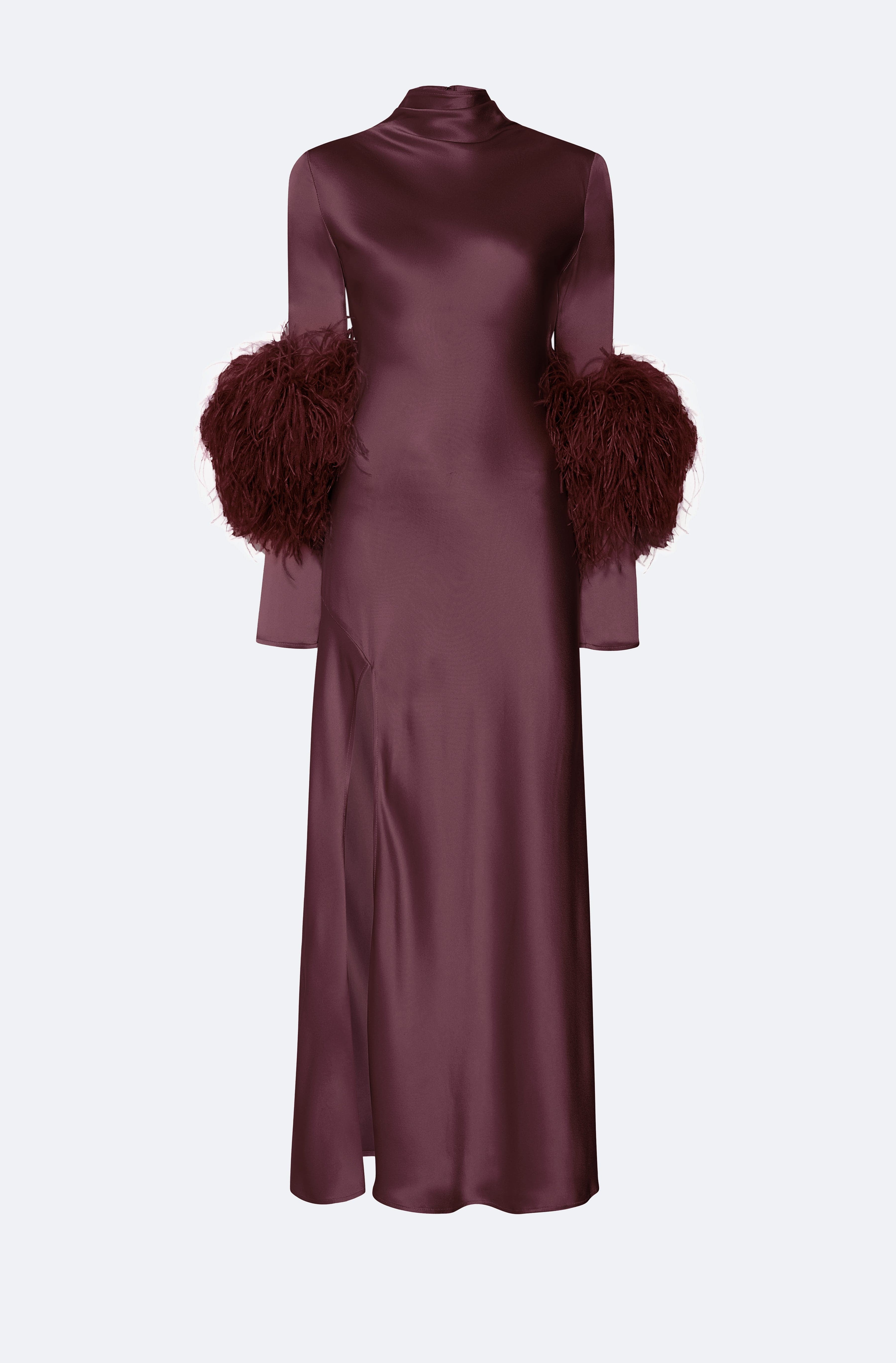 Satin Draped Neck Bias Dress With Feathers