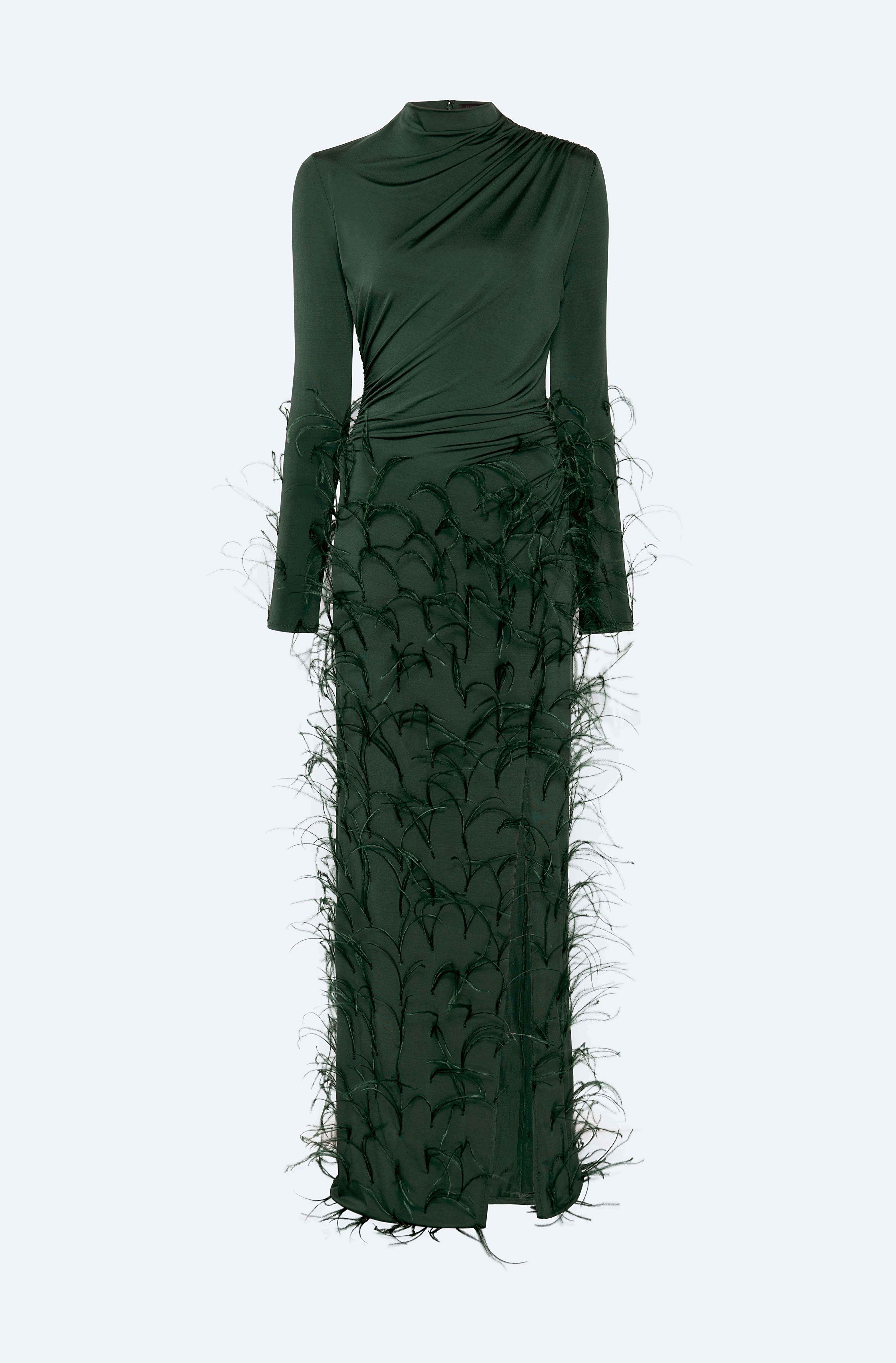 Jersey Draped Gown With Feathers