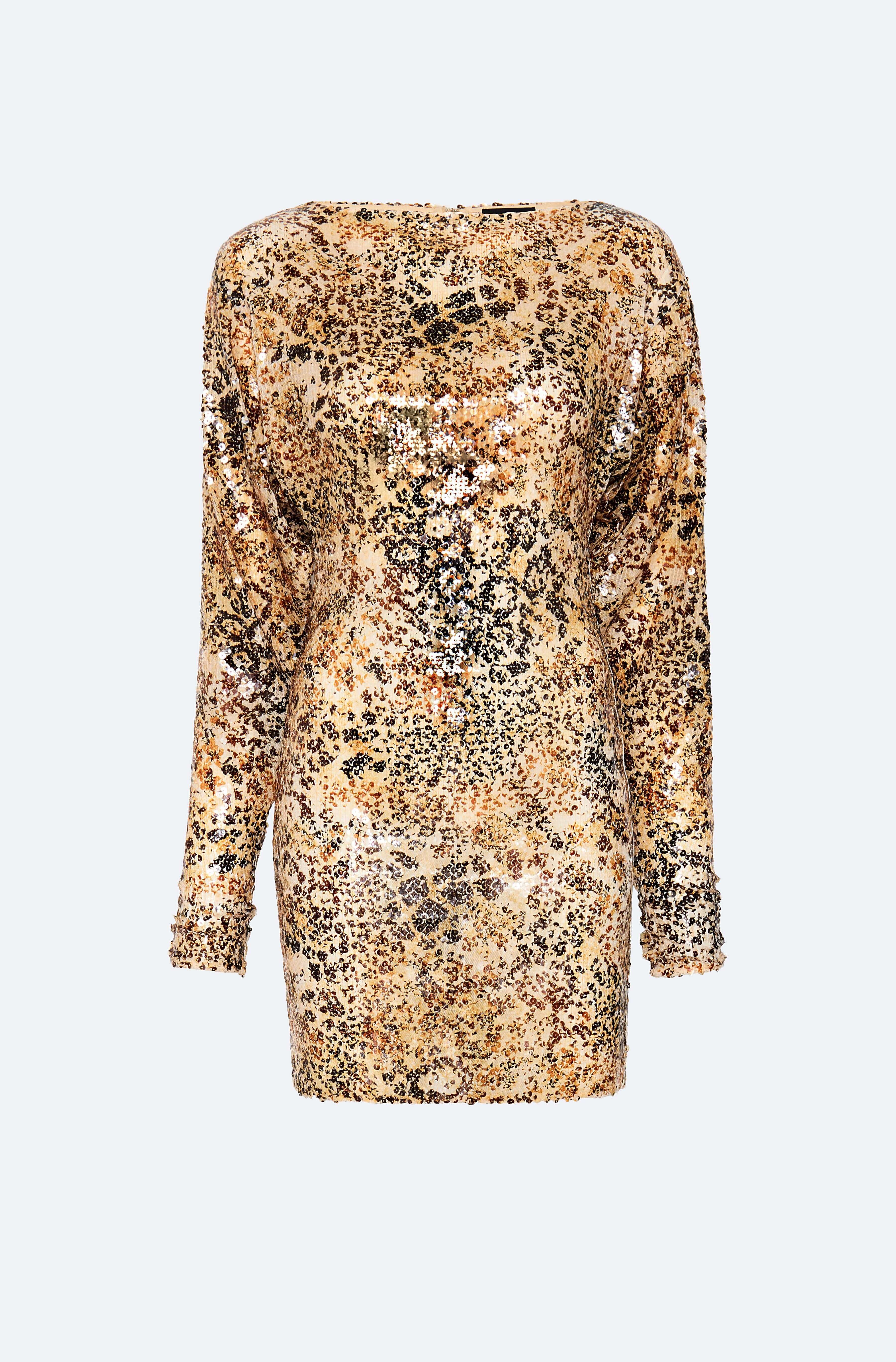 leopard sequin dress long sleeve Long Flared Sleeve Plunge Neck Contrast Sequin Detail Mini Dress In Blue Leopard Print | EGO US