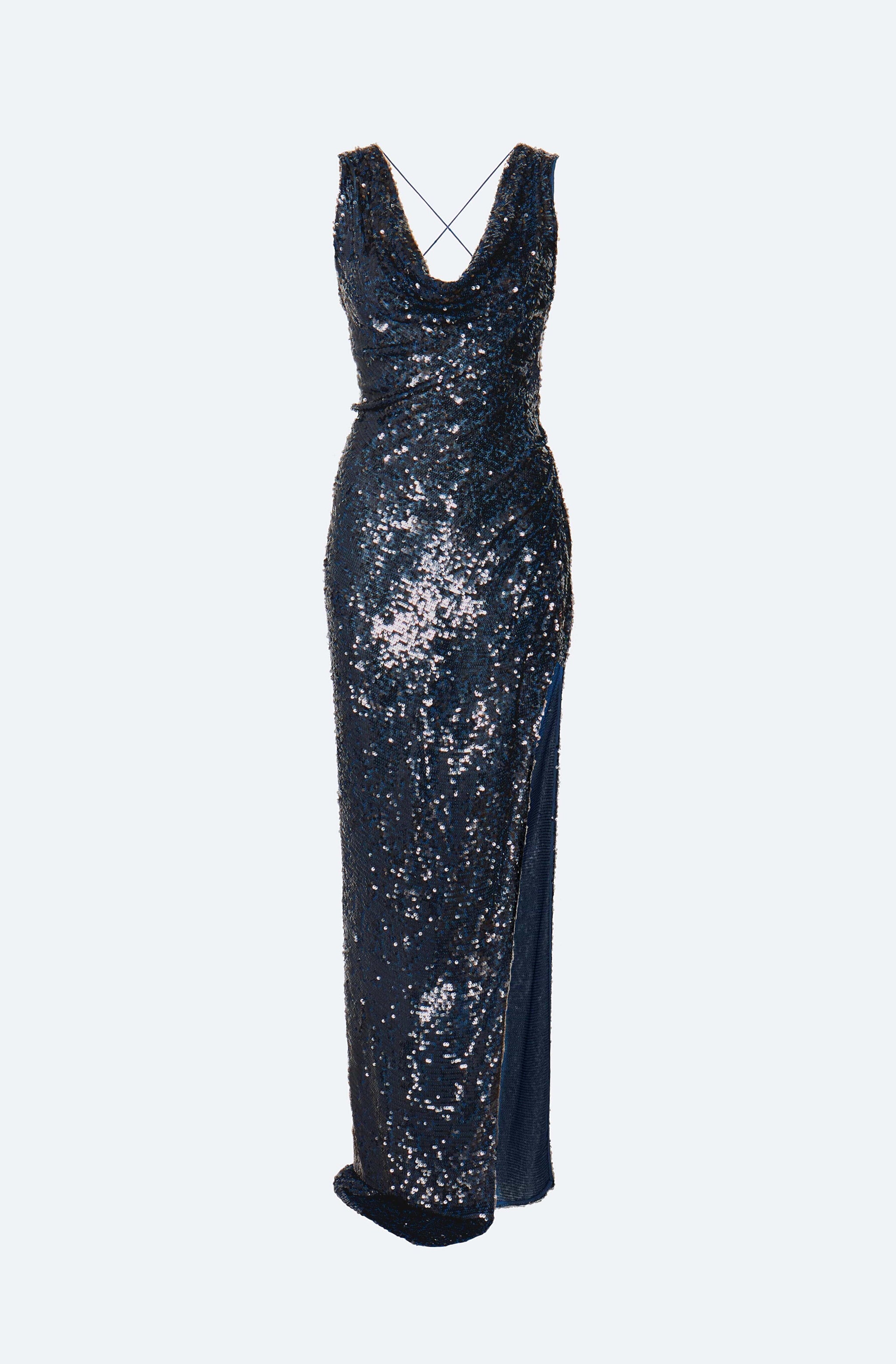 LAPOINTE Sequin Viscose Backless Cowl Neck Gown | Marine / 6 LAPOINTE Sequin Viscose Backless Cowl Neck Gown | Marine / 6