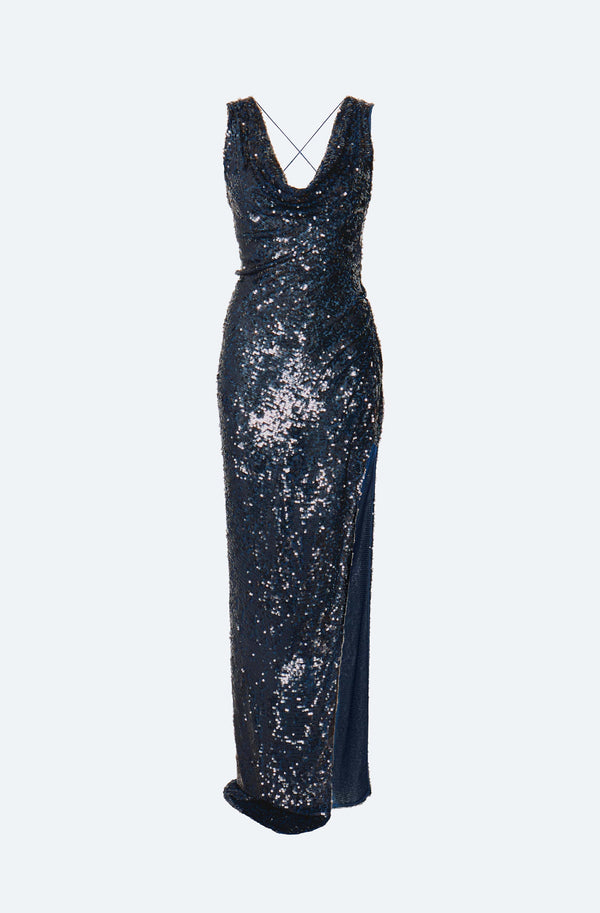 Sequin Viscose Backless Cowl Neck Gown - LAPOINTE