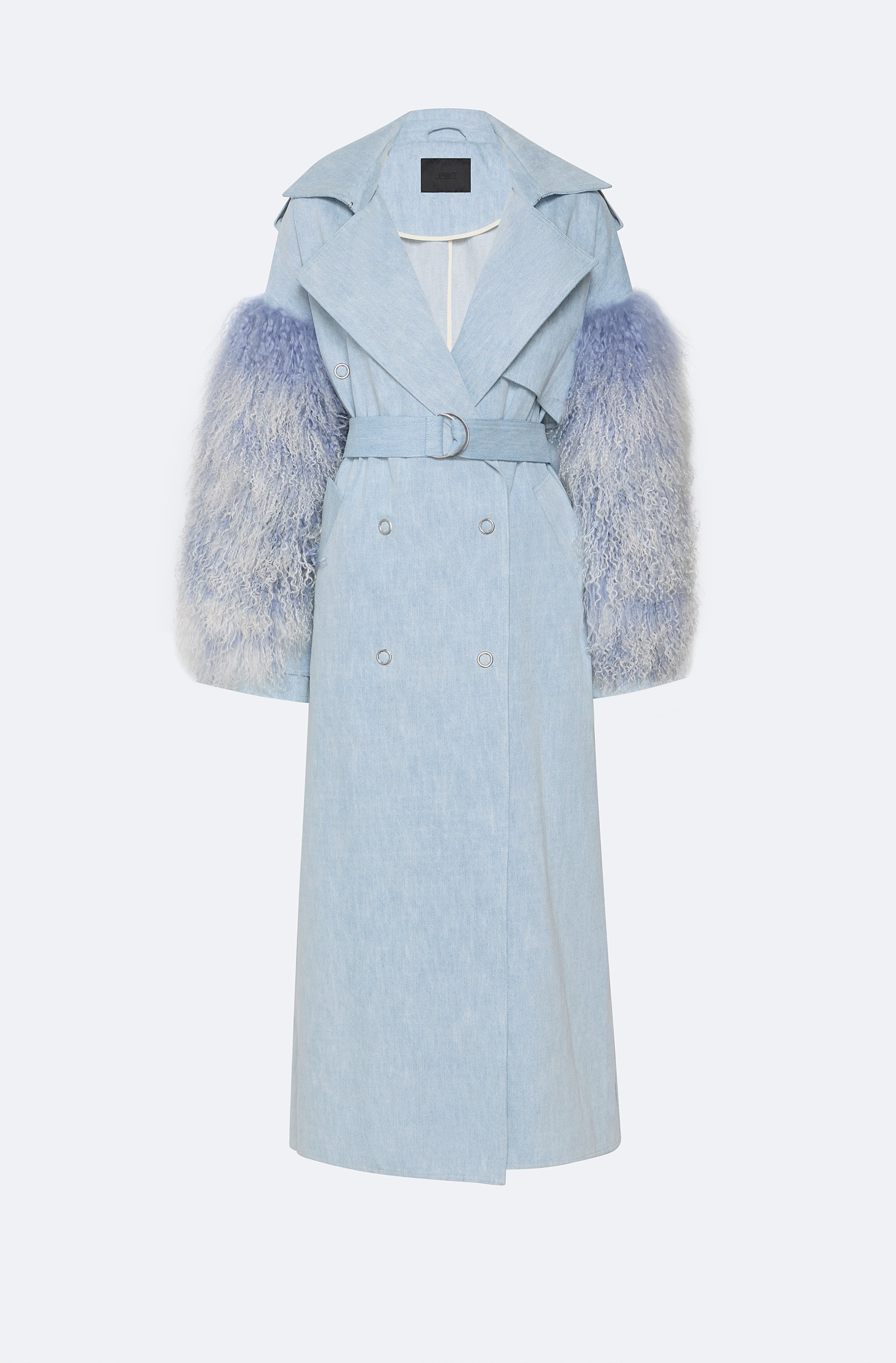 Washed Denim Double Breasted Trench With Shearling