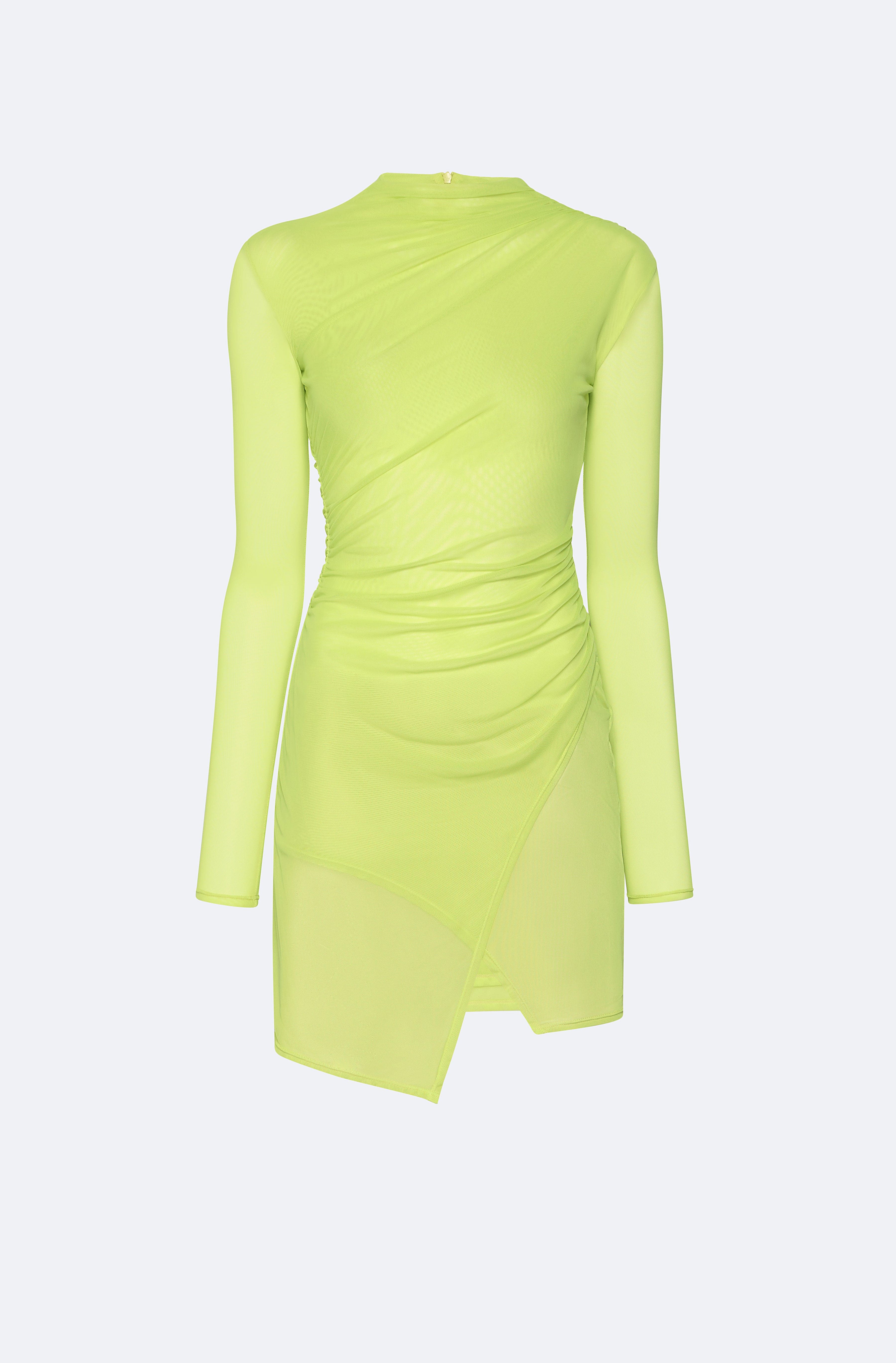 Mesh Draped Mini Dress in Lime Yellow LAPOINTE