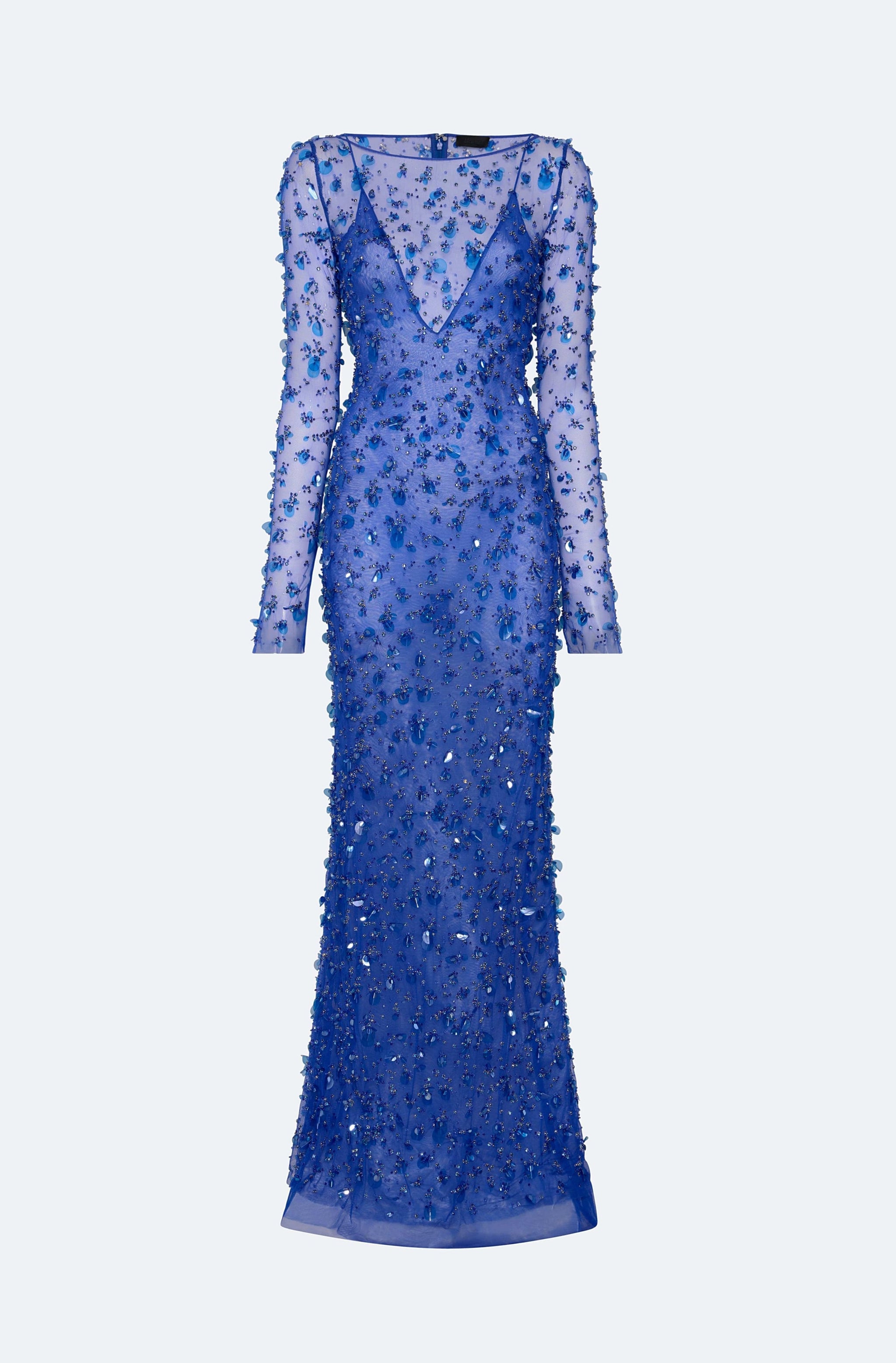Embroidered Mesh Boatneck Gown