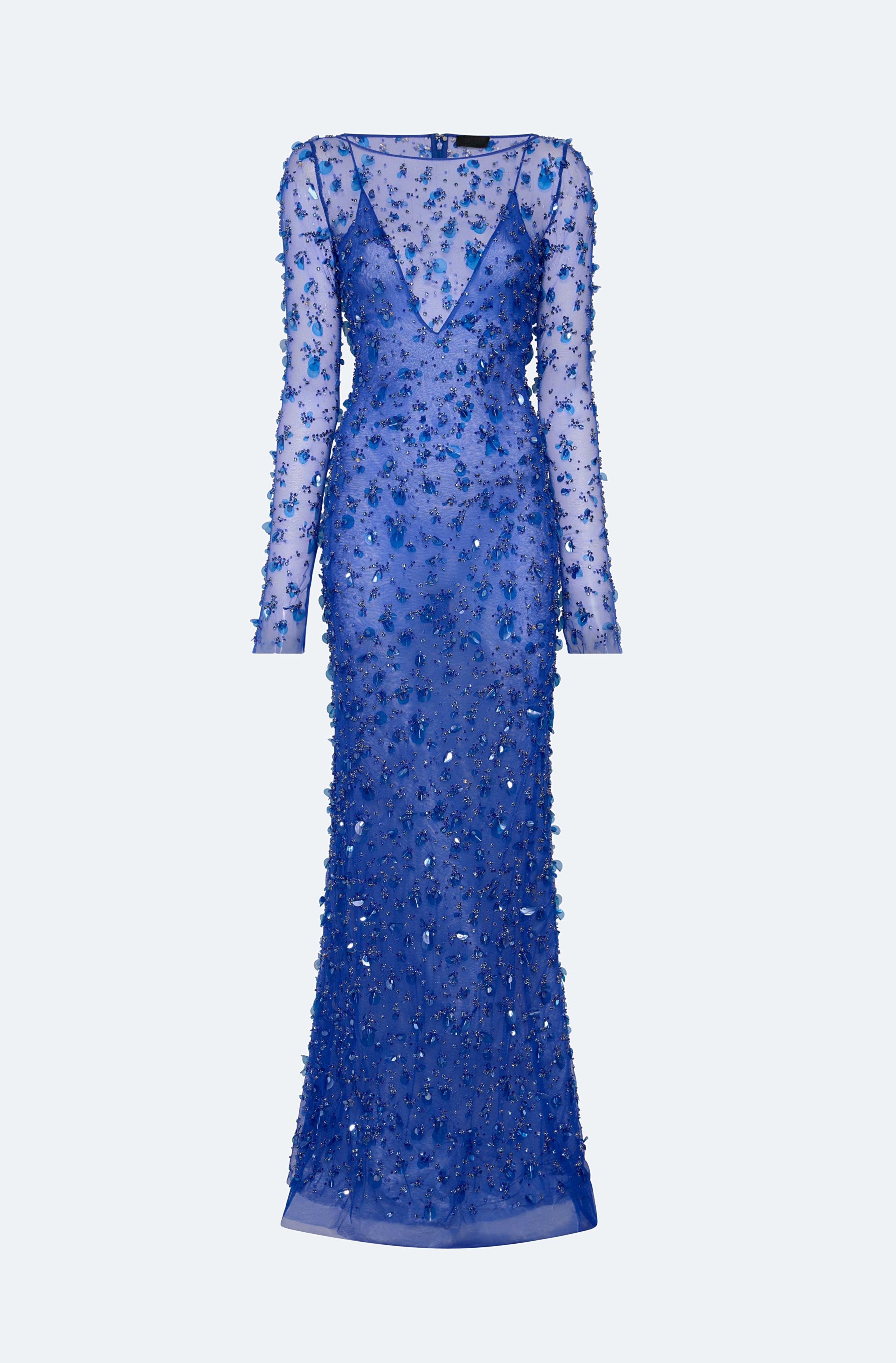 Embroidered Mesh Boatneck Gown