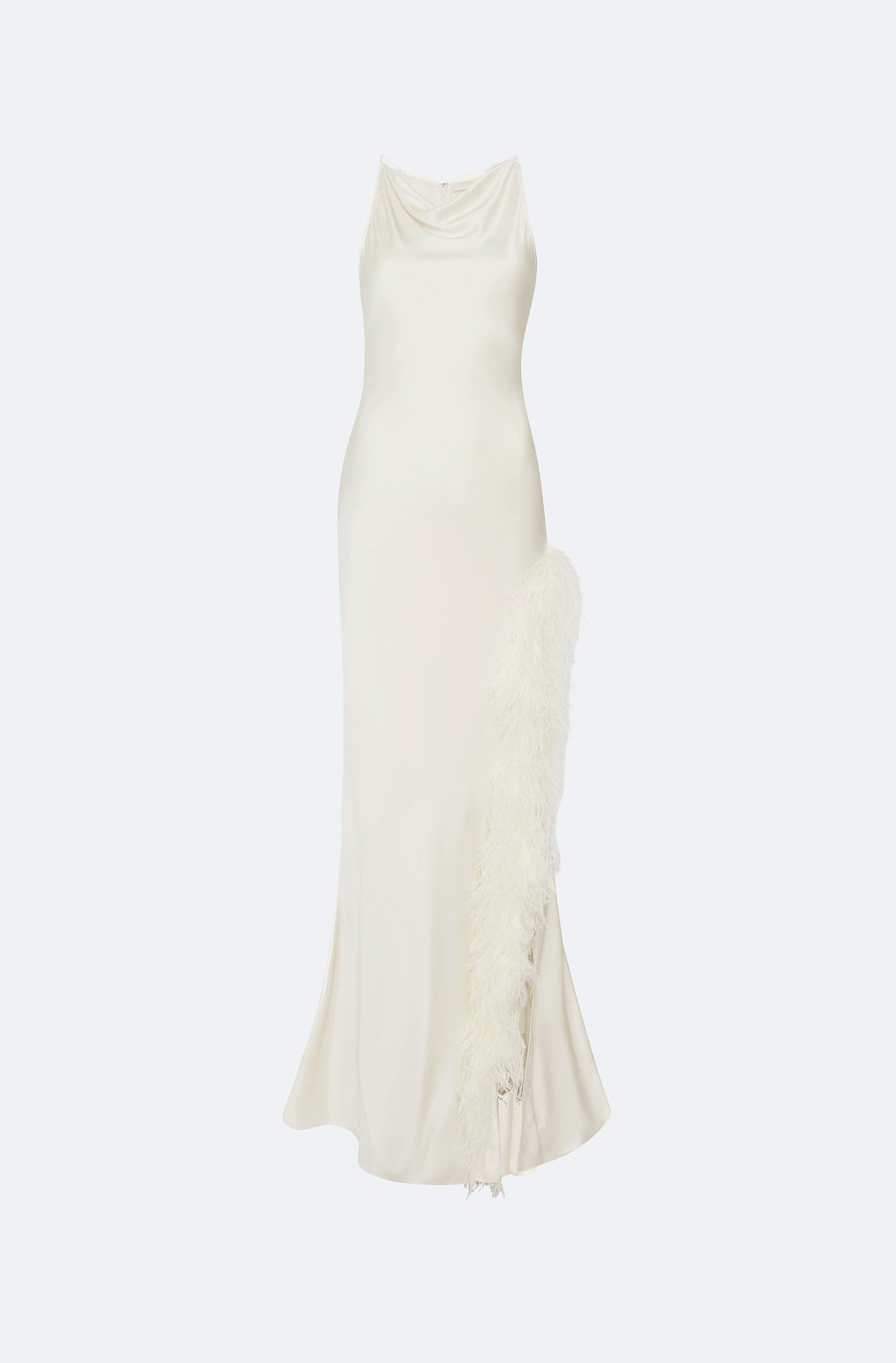 LAPOINTE Satin Halter Gown With Feathers | Cream / 00 LAPOINTE Satin Halter Gown With Feathers | Cream / 00
