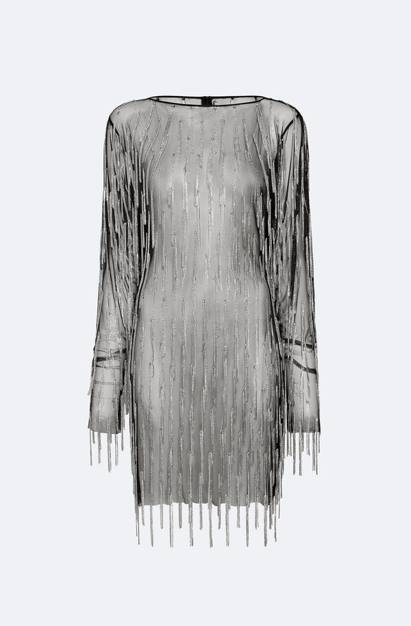 Rhinestone Fringe Boatneck Mini Dress - LAPOINTE