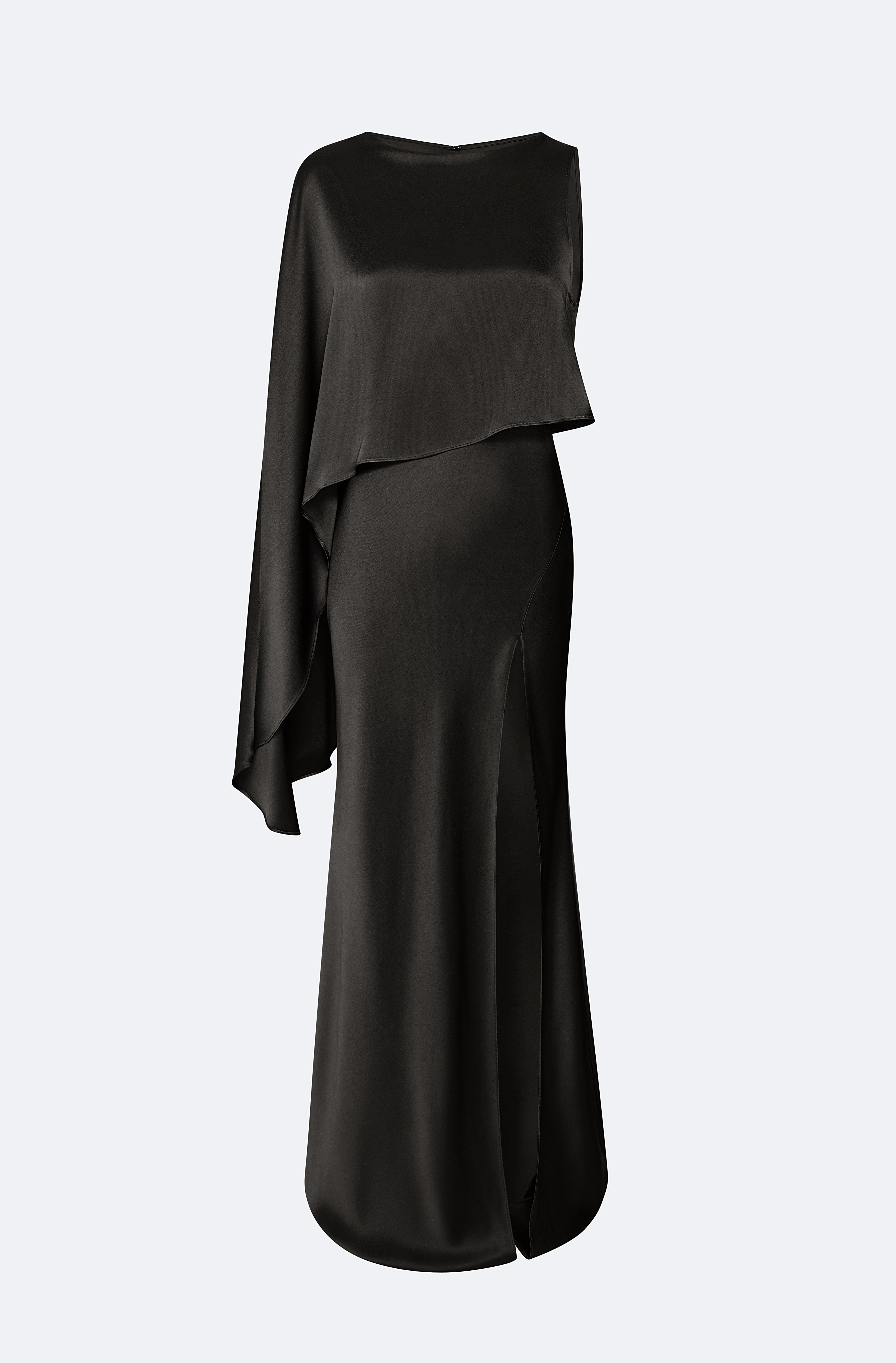 black & cream asymmetric draped dress Angelina | Black & White Draped Shoulder Maxi Dress