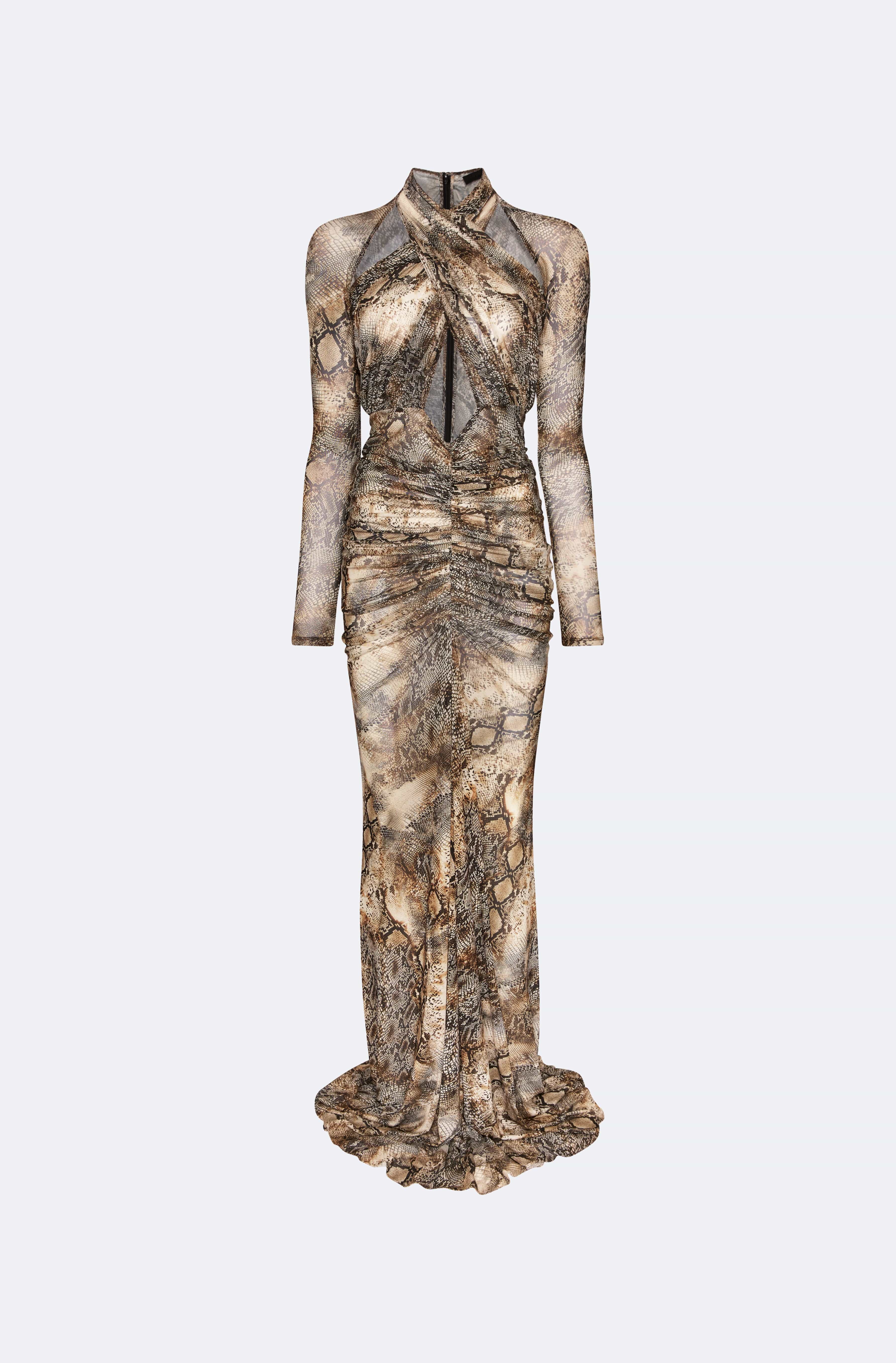 Printed Mesh Halter Ruched Gown - LAPOINTE
