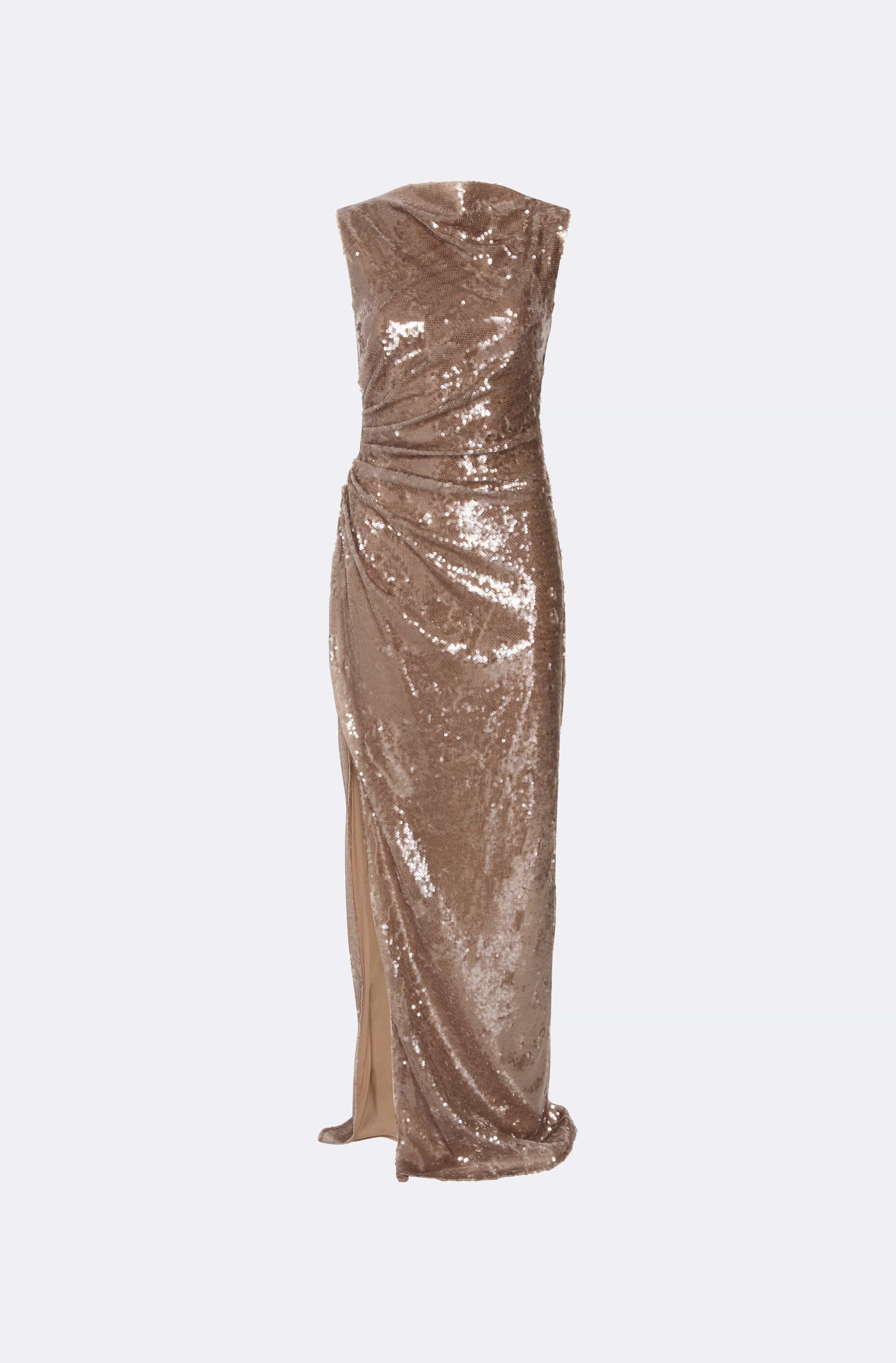LAPOINTE Sheer Sequin Ruched Gown With Slit | Oat / 8 LAPOINTE Sheer Sequin Ruched Gown With Slit | Oat / 8