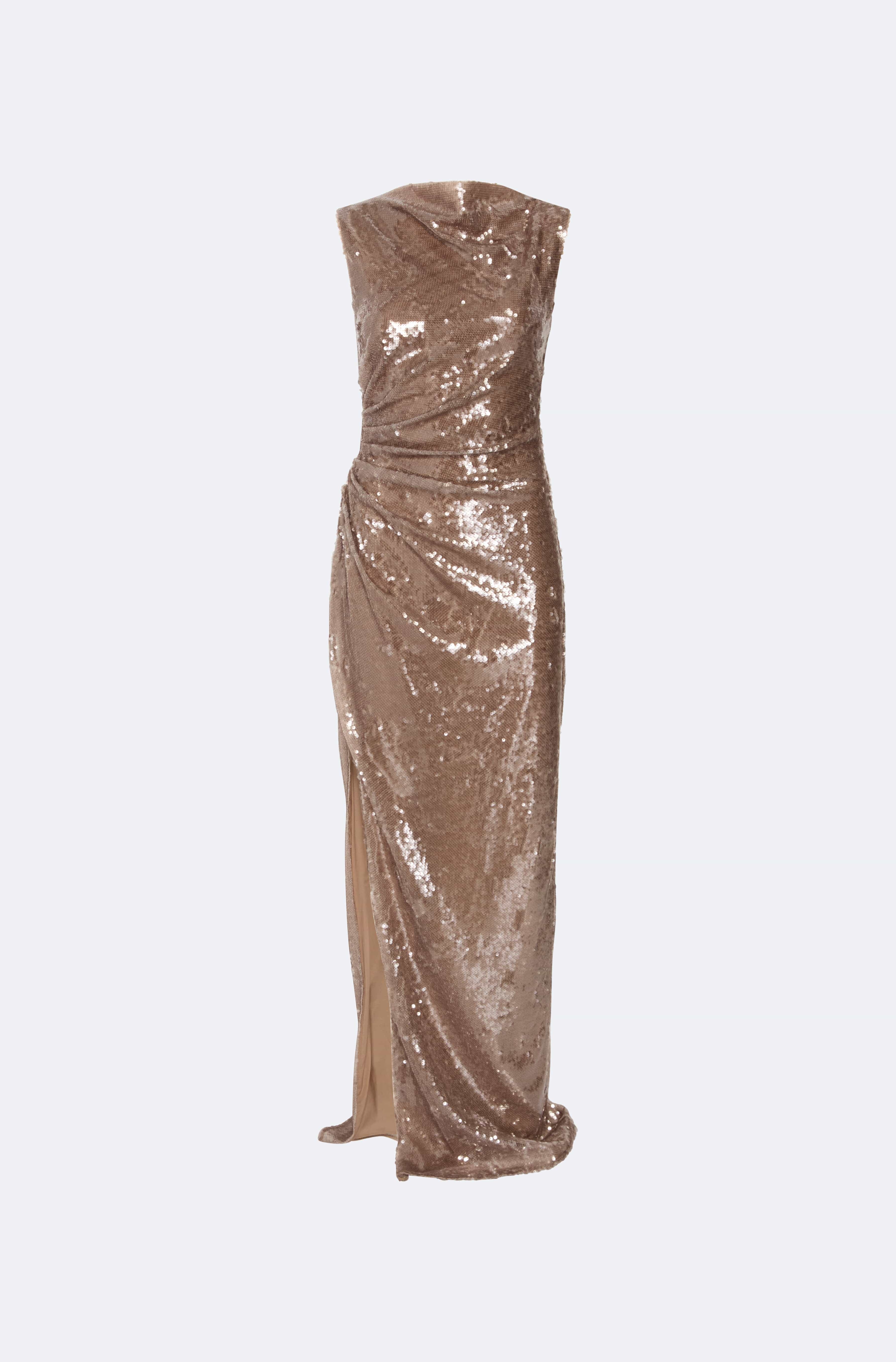 LAPOINTE Sheer Sequin Ruched Gown With Slit | Oat / 8 LAPOINTE Sheer Sequin Ruched Gown With Slit | Oat / 8