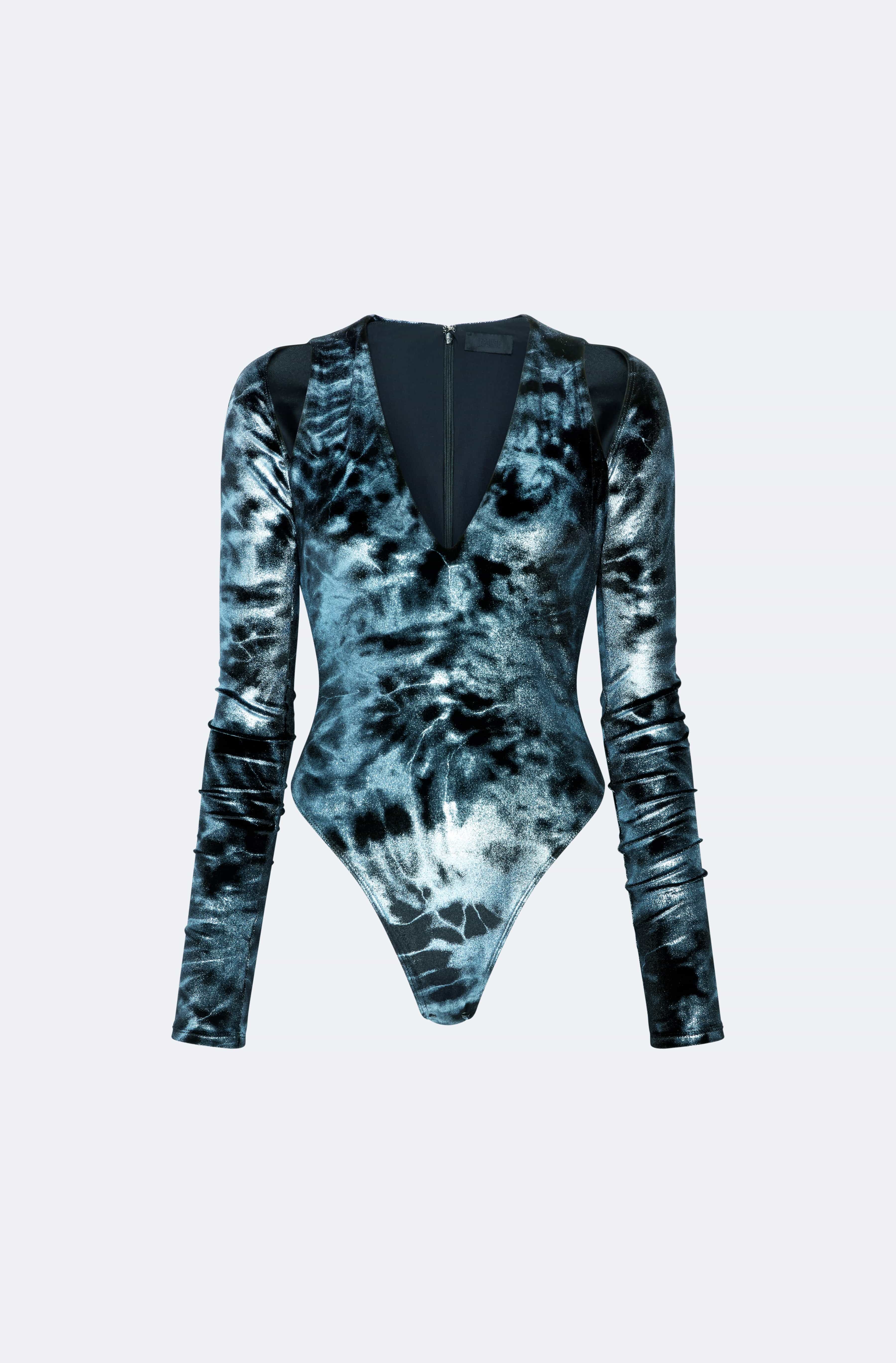 Foil Velour V Neck Bodysuit in Midnight Blue | LAPOINTE