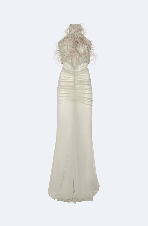Mesh Sleeveless Halter Ruched Gown With Feather Embroidery