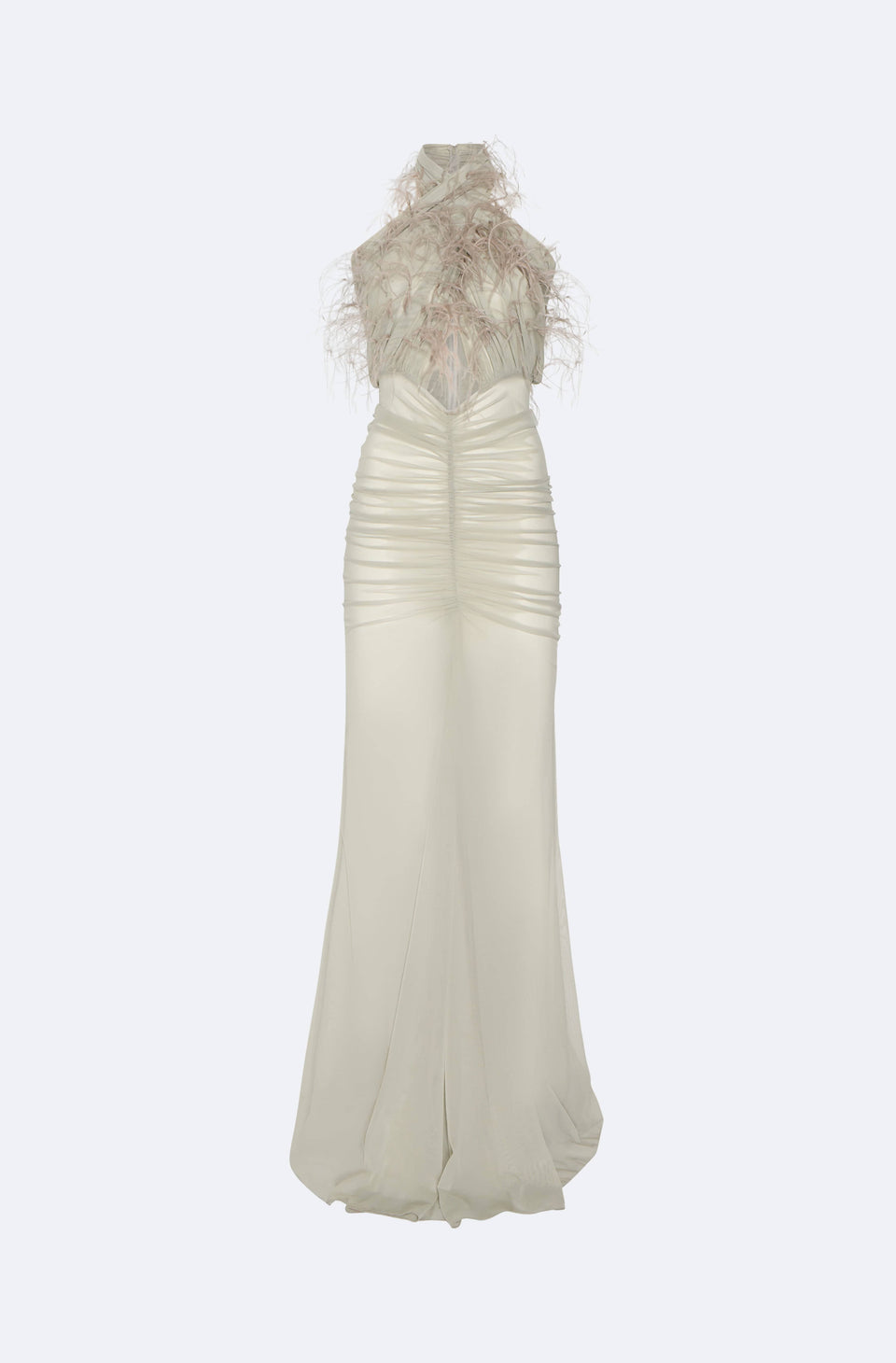 Mesh Sleeveless Halter Ruched Gown With Feather Embroidery