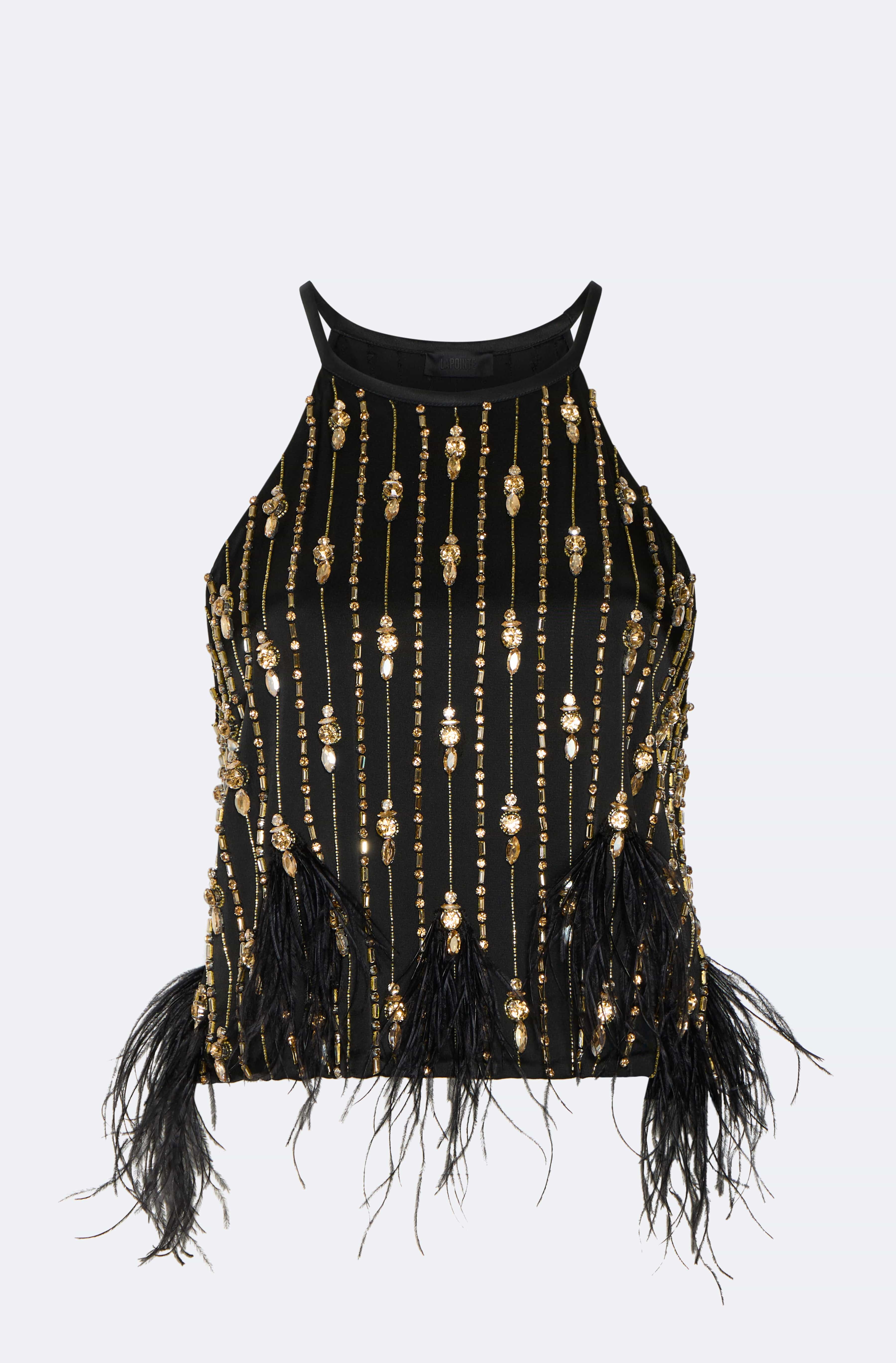 Satin Crop Halter Cami With Deco Stripe Embroidery - LAPOINTE